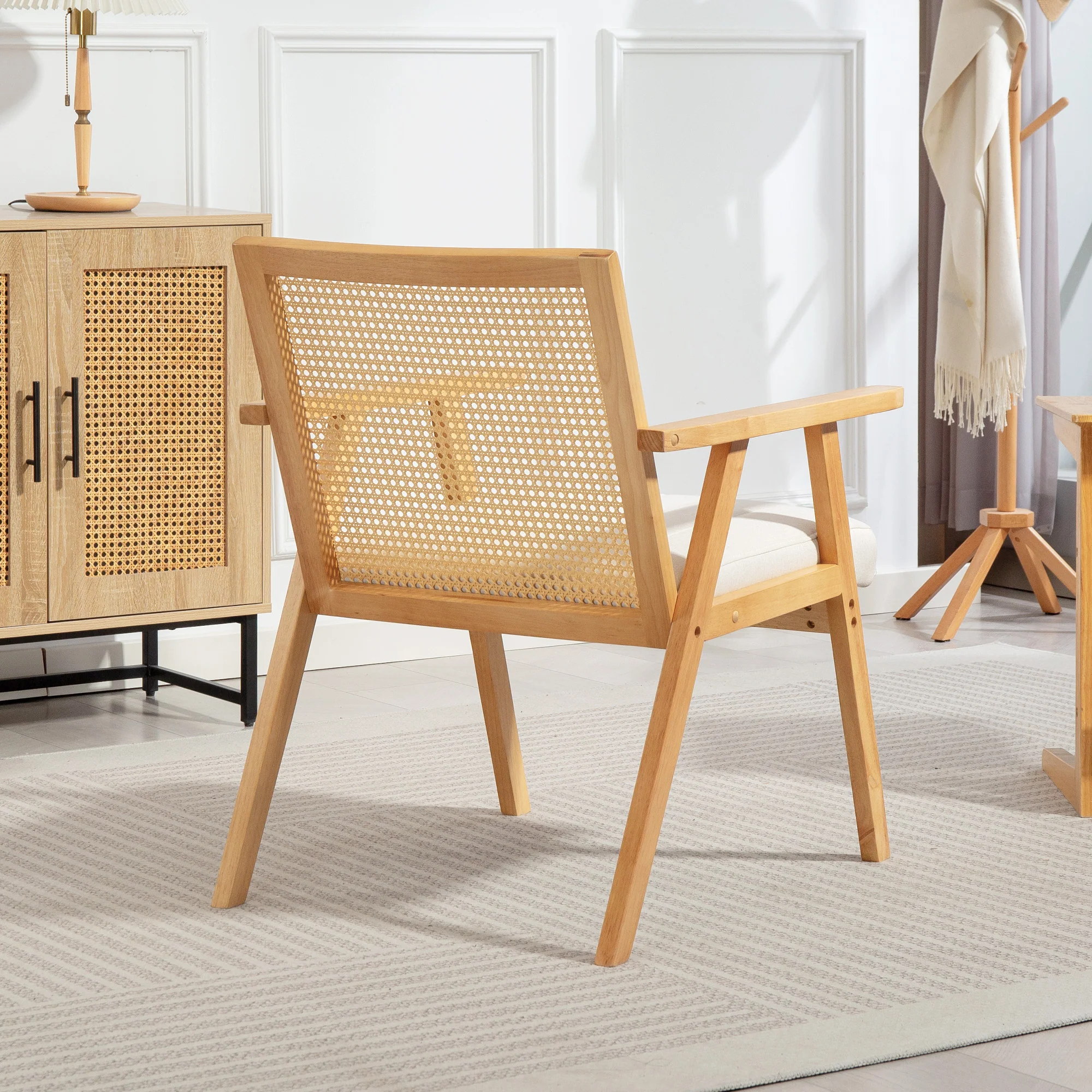 Fauteuil Relax pour Salon Chambre Confortable, Chaise cannage avec Dossier en rotin et Coussin rembourré et accoudoirs, Bois Naturel - Image 9