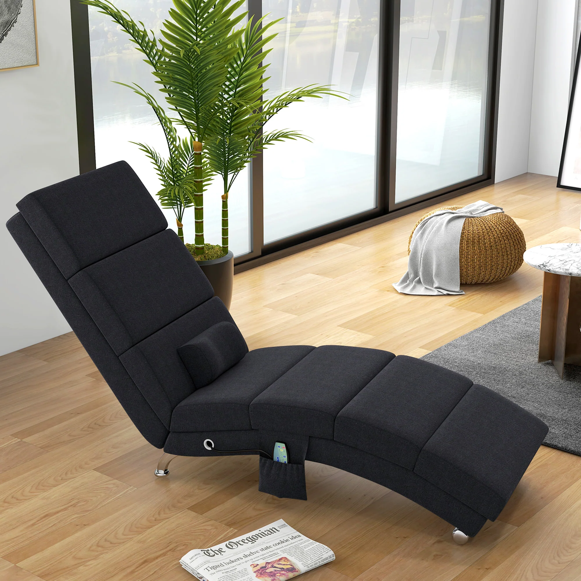 Fauteuil relax salon fauteuil de massage et chauffage meridienne chaise longue d'intérieur, avec télécommande et oreiller, chambre à coucher, salon, tissu effet lin noir - Image 3