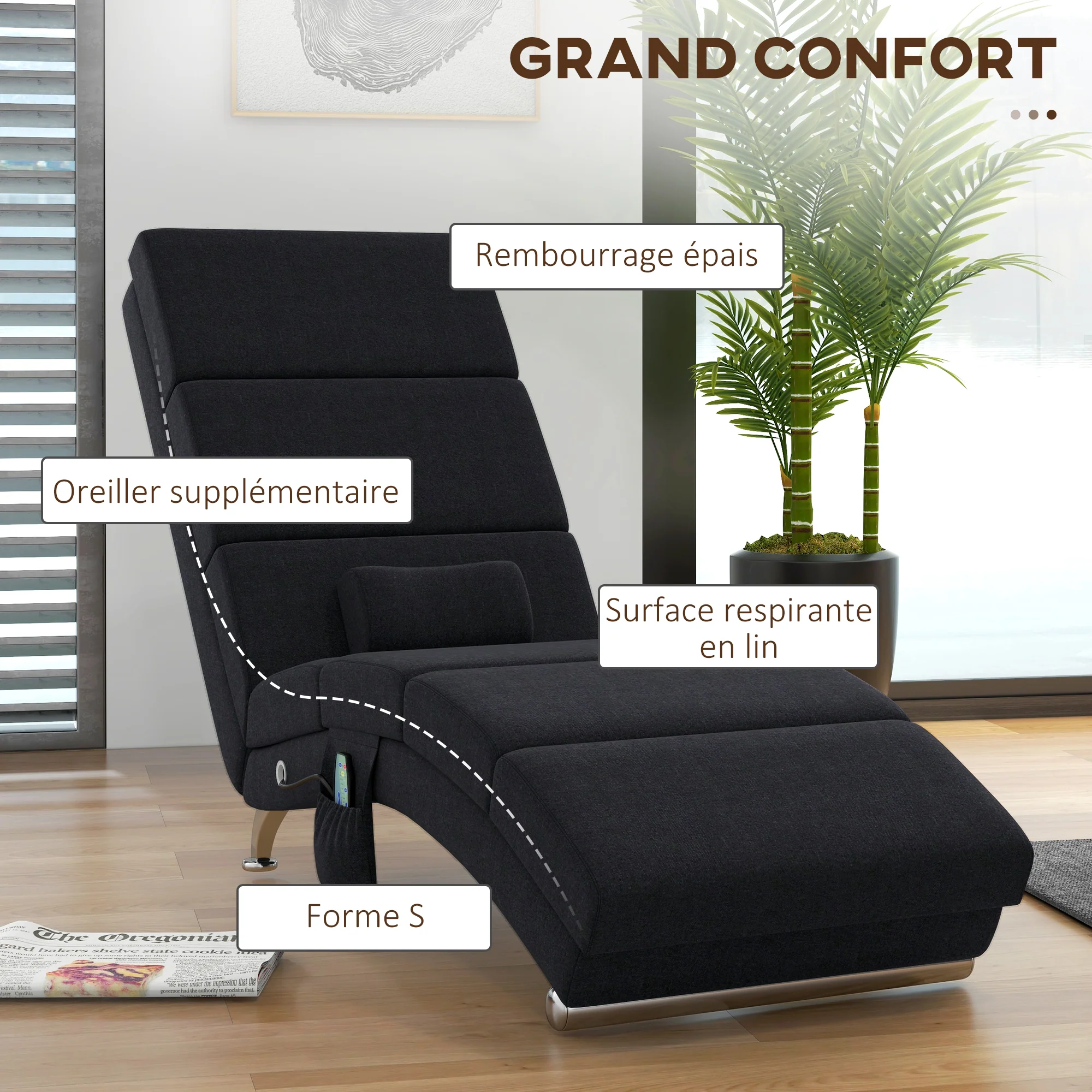Fauteuil relax salon fauteuil de massage et chauffage meridienne chaise longue d'intérieur, avec télécommande et oreiller, chambre à coucher, salon, tissu effet lin noir - Image 6