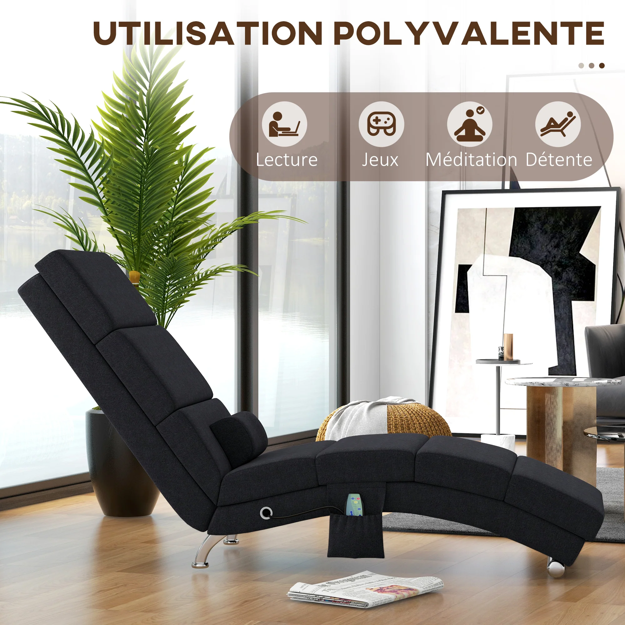 Fauteuil relax salon fauteuil de massage et chauffage meridienne chaise longue d'intérieur, avec télécommande et oreiller, chambre à coucher, salon, tissu effet lin noir - Image 7