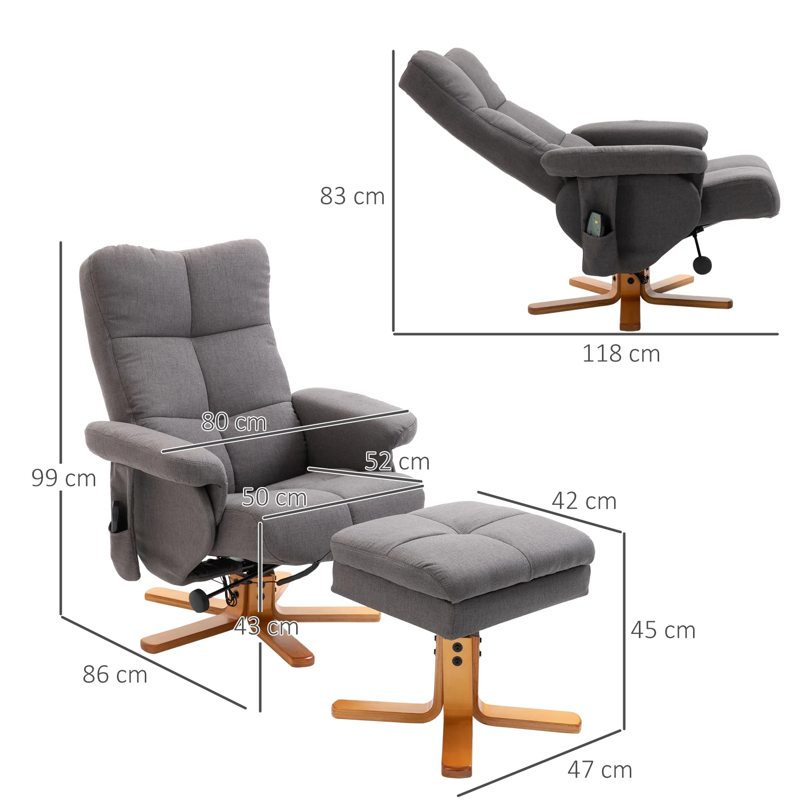 Fauteuil relaxant avec repose-pieds, espace de rangement, fauteuil de massage électrique avec fonction de couchage, fauteuil de télévision pivotant avec poche latérale, télécommande, cadre en bois, polyester, Gris foncé - Image 3