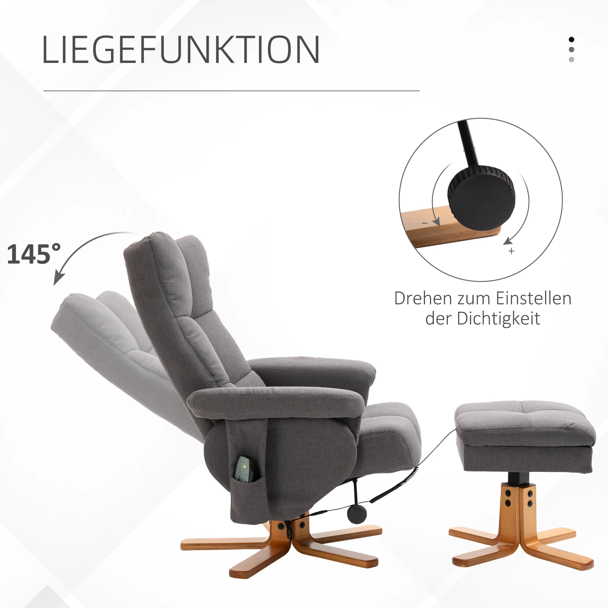 Fauteuil relaxant avec repose-pieds, espace de rangement, fauteuil de massage électrique avec fonction de couchage, fauteuil de télévision pivotant avec poche latérale, télécommande, cadre en bois, polyester, Gris foncé - Image 5