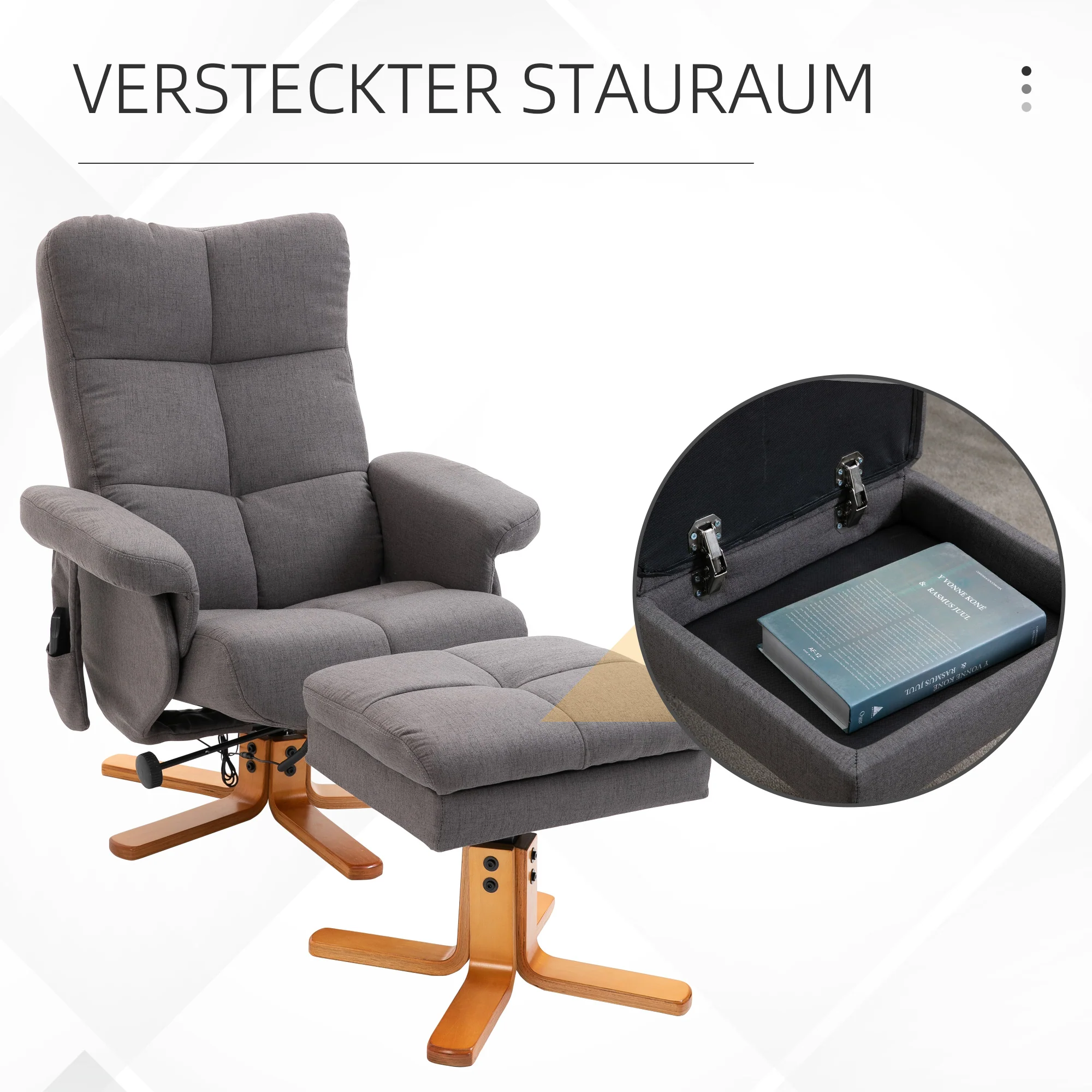 Fauteuil relaxant avec repose-pieds, espace de rangement, fauteuil de massage électrique avec fonction de couchage, fauteuil de télévision pivotant avec poche latérale, télécommande, cadre en bois, polyester, Gris foncé - Image 6