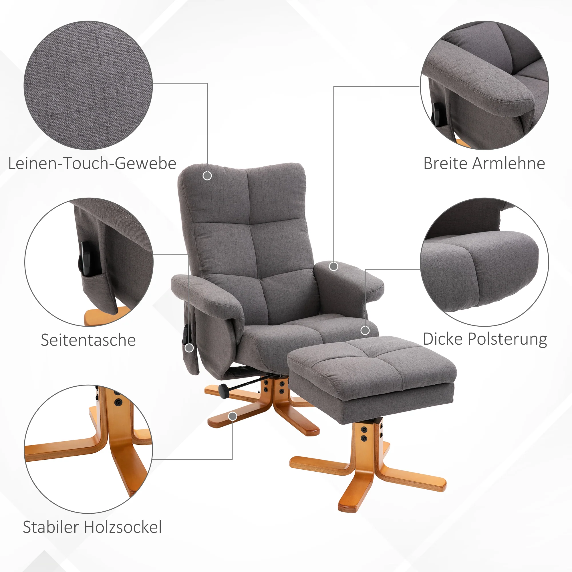 Fauteuil relaxant avec repose-pieds, espace de rangement, fauteuil de massage électrique avec fonction de couchage, fauteuil de télévision pivotant avec poche latérale, télécommande, cadre en bois, polyester, Gris foncé - Image 7
