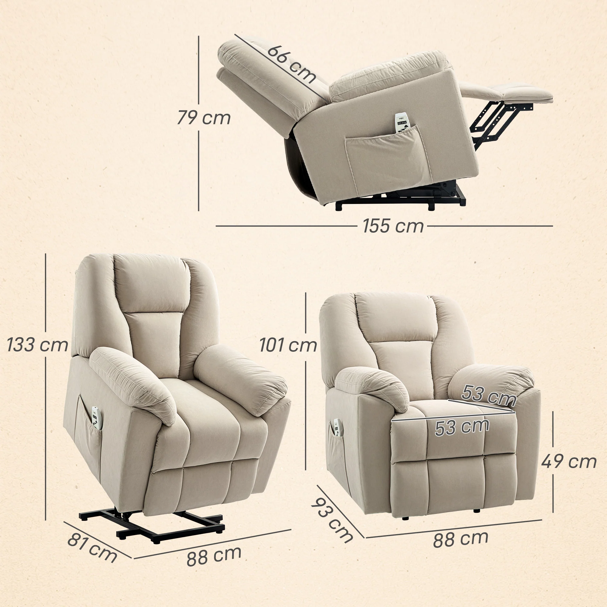 Fauteuil releveur électrique avec fonction massage et chauffage, fauteuil relax électrique avec dossier inclinable, ports USB, télécommande, fauteuil relaxant pour personnes âgées, beige - Image 4