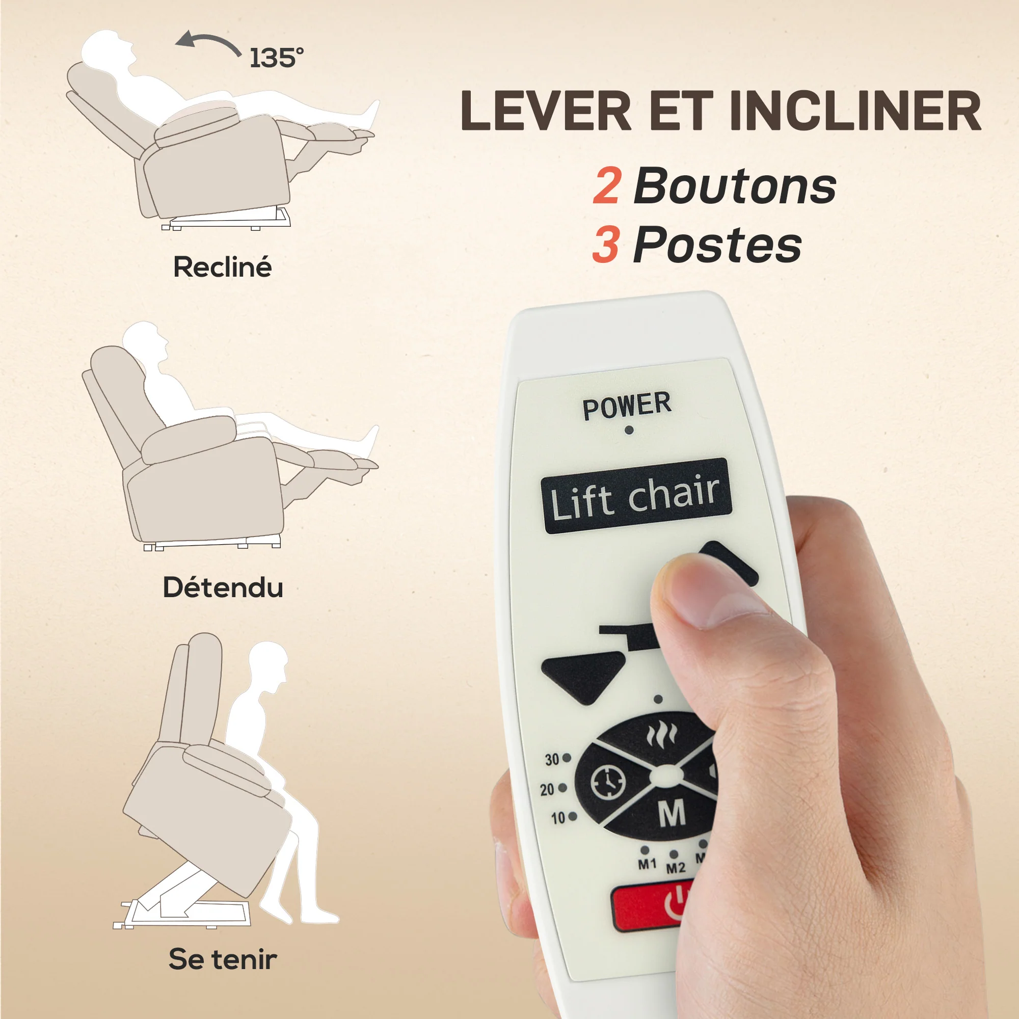 Fauteuil releveur électrique avec fonction massage et chauffage, fauteuil relax électrique avec dossier inclinable, ports USB, télécommande, fauteuil relaxant pour personnes âgées, beige - Image 5