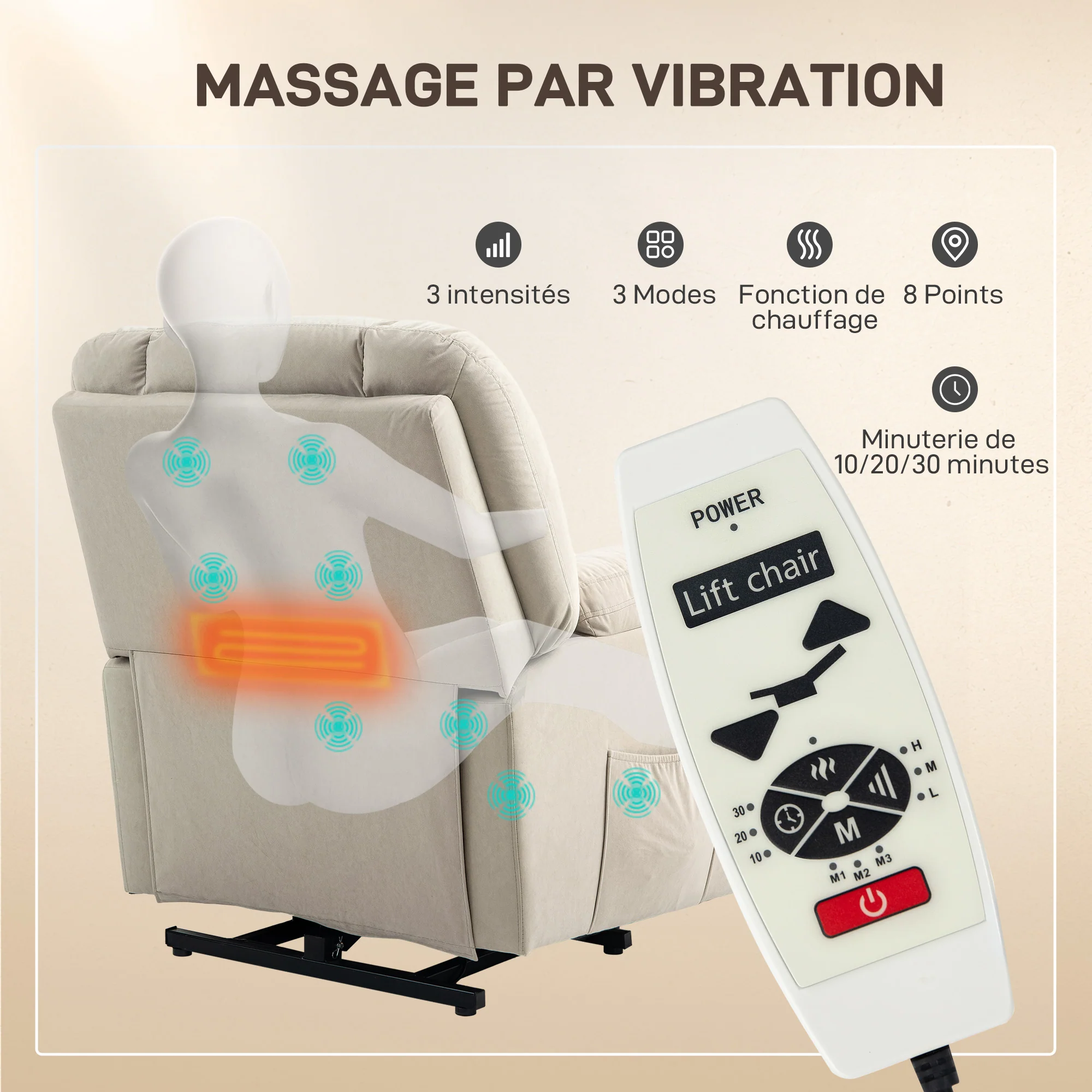 Fauteuil releveur électrique avec fonction massage et chauffage, fauteuil relax électrique avec dossier inclinable, ports USB, télécommande, fauteuil relaxant pour personnes âgées, beige - Image 6