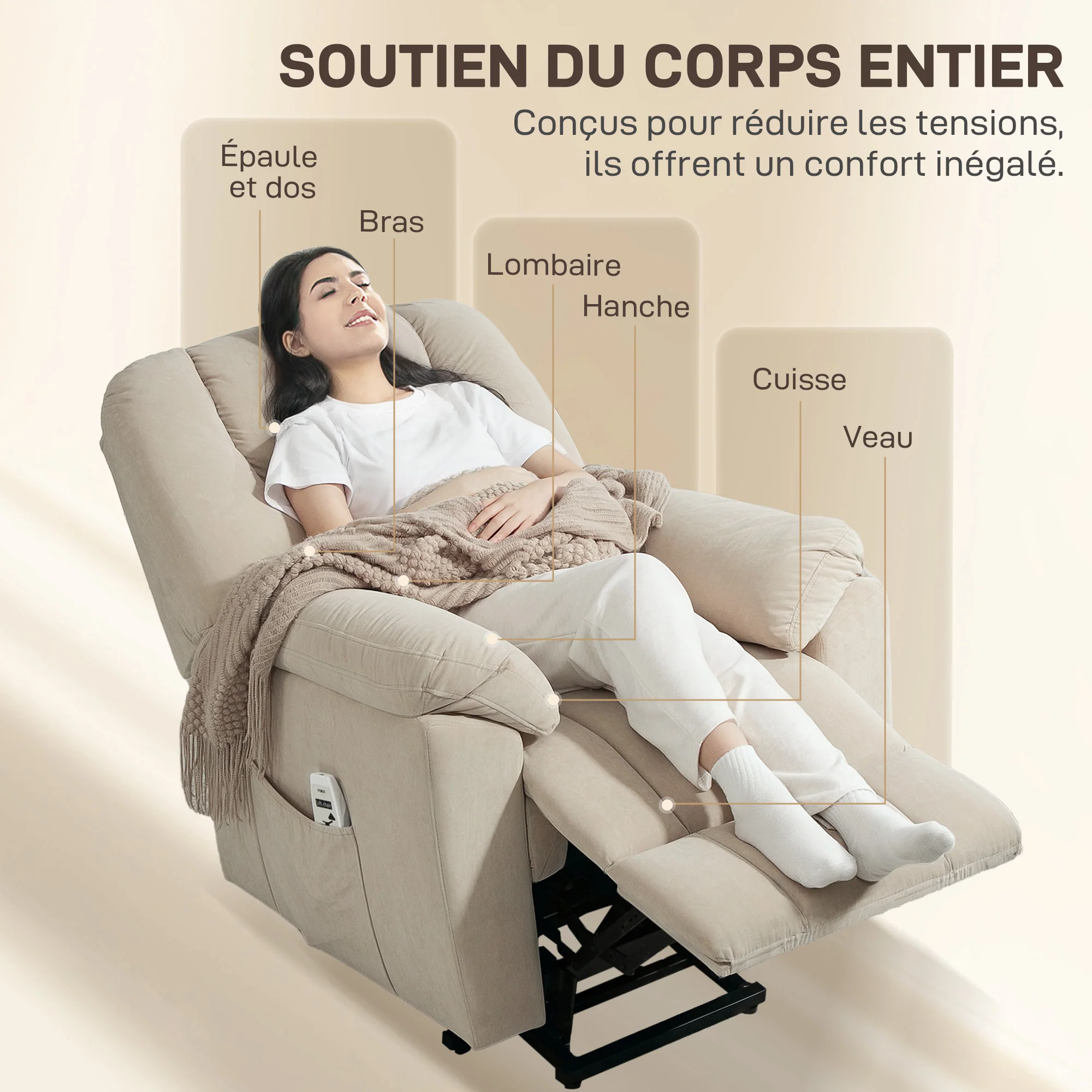 Fauteuil releveur électrique avec fonction massage et chauffage, fauteuil relax électrique avec dossier inclinable, ports USB, télécommande, fauteuil relaxant pour personnes âgées, beige - Image 8