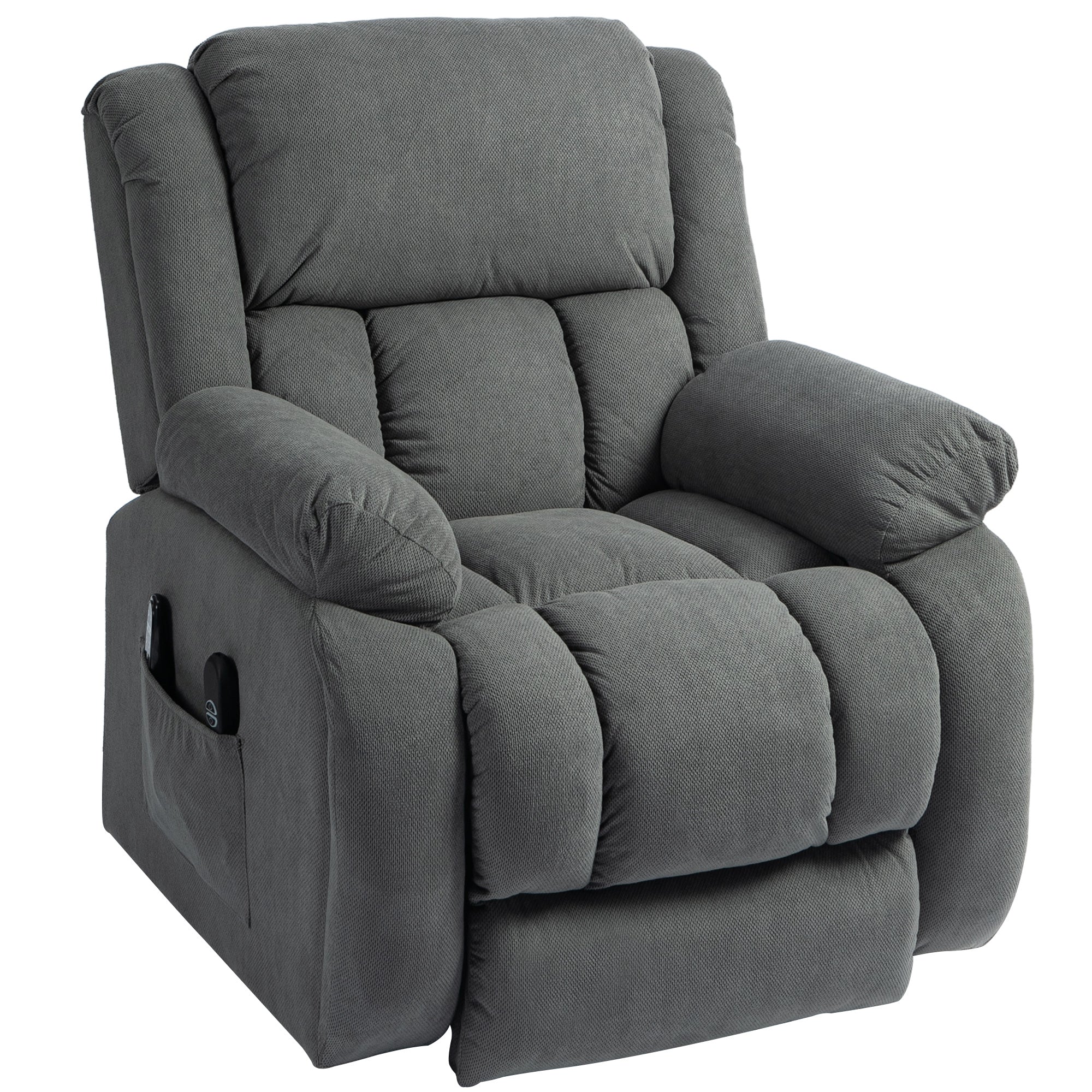 Fauteuil releveur électrique avec fonction massage et chauffage, fauteuil relax électrique avec dossier inclinable, ports USB, télécommande, repose-pied et poche latérale, gris