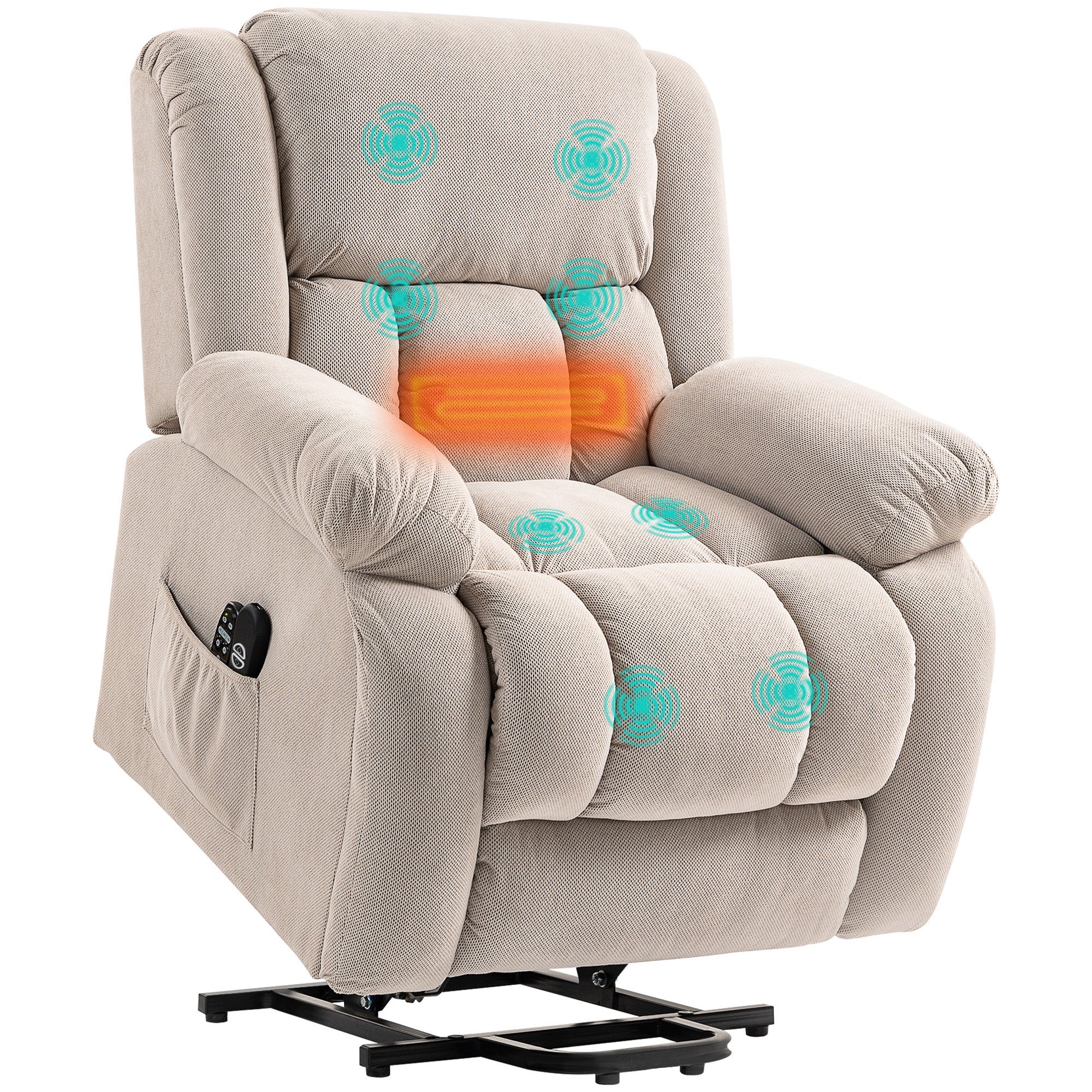 Fauteuil releveur électrique avec fonction massage et chauffage, fauteuil relax électrique avec dossier inclinable, ports USB, télécommande, repose-pied et poche latérale, beige - Image 11