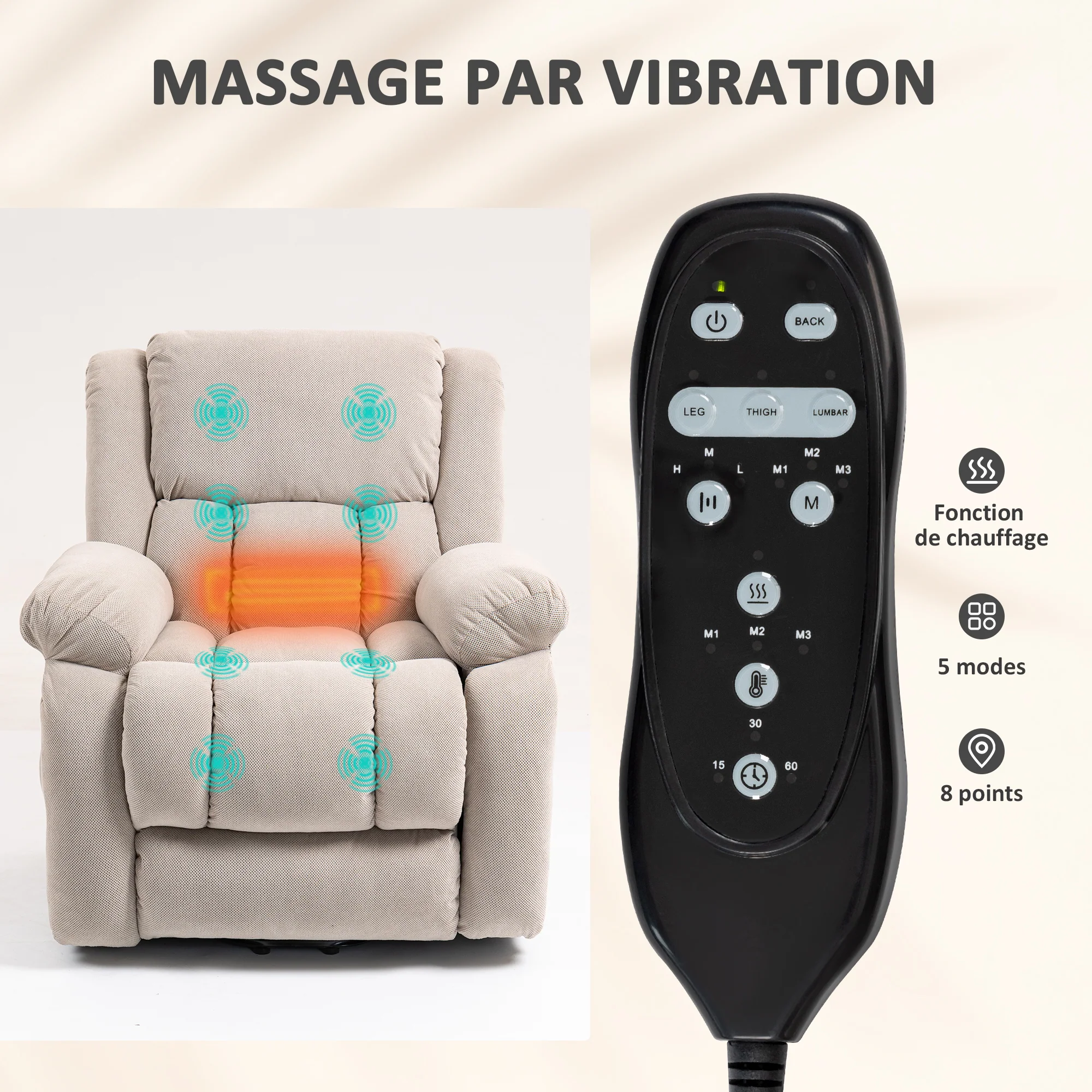 Fauteuil releveur électrique avec fonction massage et chauffage, fauteuil relax électrique avec dossier inclinable, ports USB, télécommande, repose-pied et poche latérale, beige - Image 6