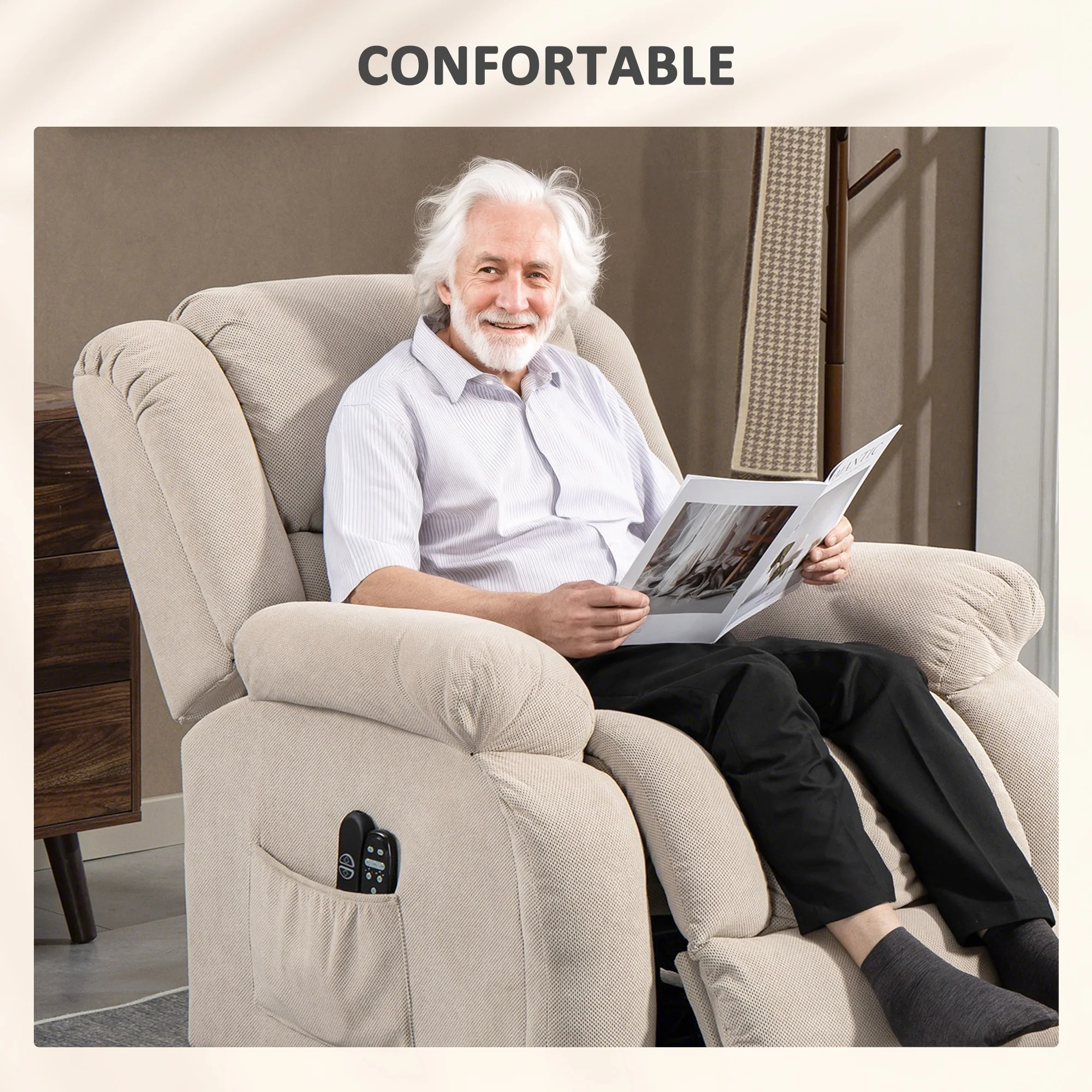 Fauteuil releveur électrique avec fonction massage et chauffage, fauteuil relax électrique avec dossier inclinable, ports USB, télécommande, repose-pied et poche latérale, beige - Image 8