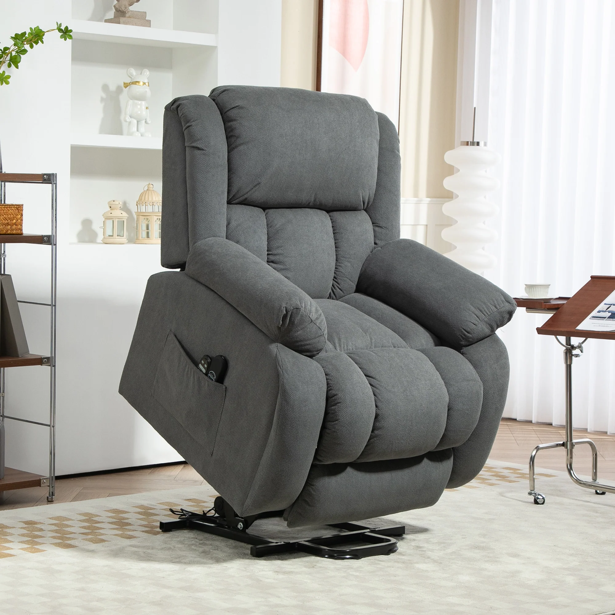 Fauteuil releveur électrique avec fonction massage et chauffage, fauteuil relax électrique avec dossier inclinable, ports USB, télécommande, repose-pied et poche latérale, gris - Image 3