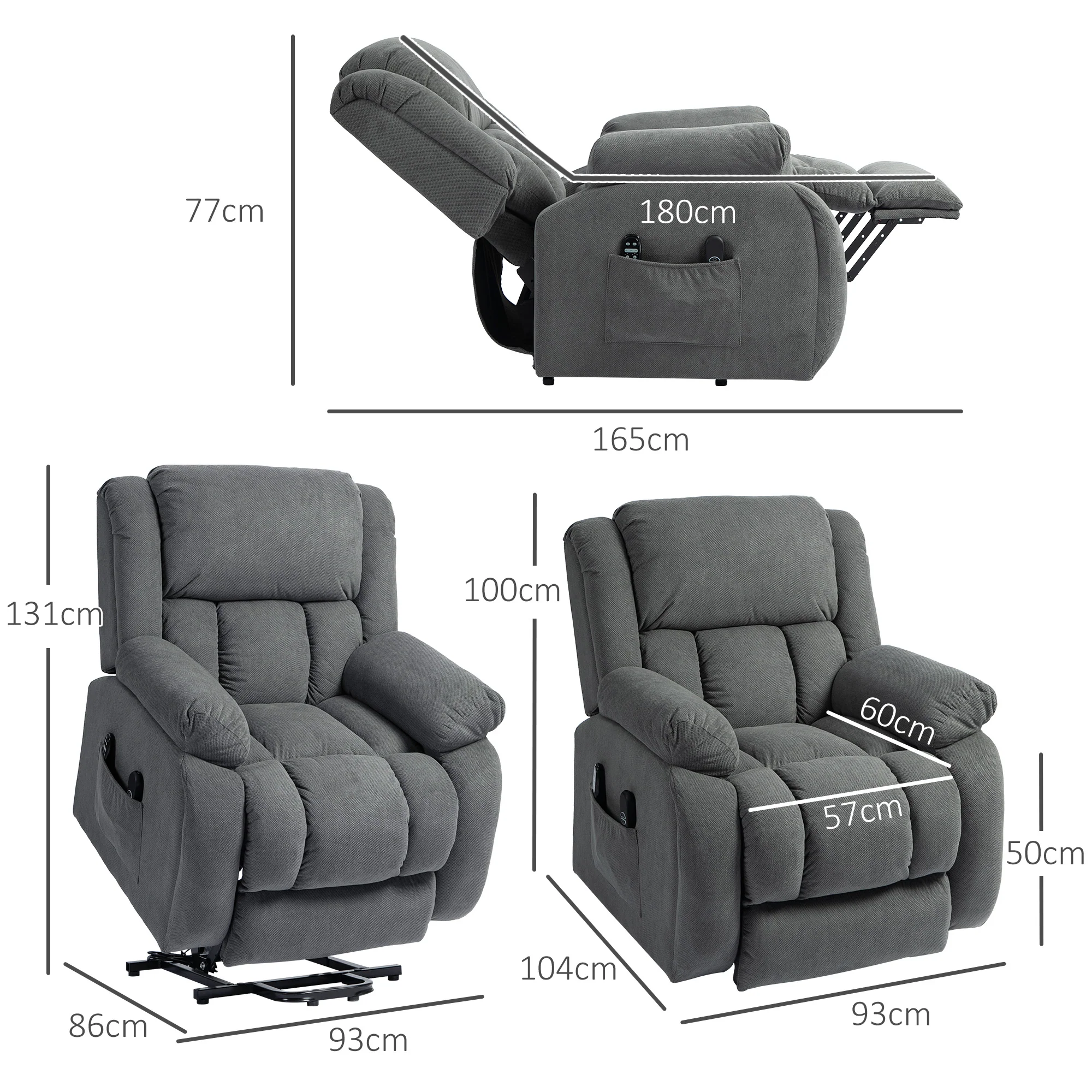 Fauteuil releveur électrique avec fonction massage et chauffage, fauteuil relax électrique avec dossier inclinable, ports USB, télécommande, repose-pied et poche latérale, gris - Image 4