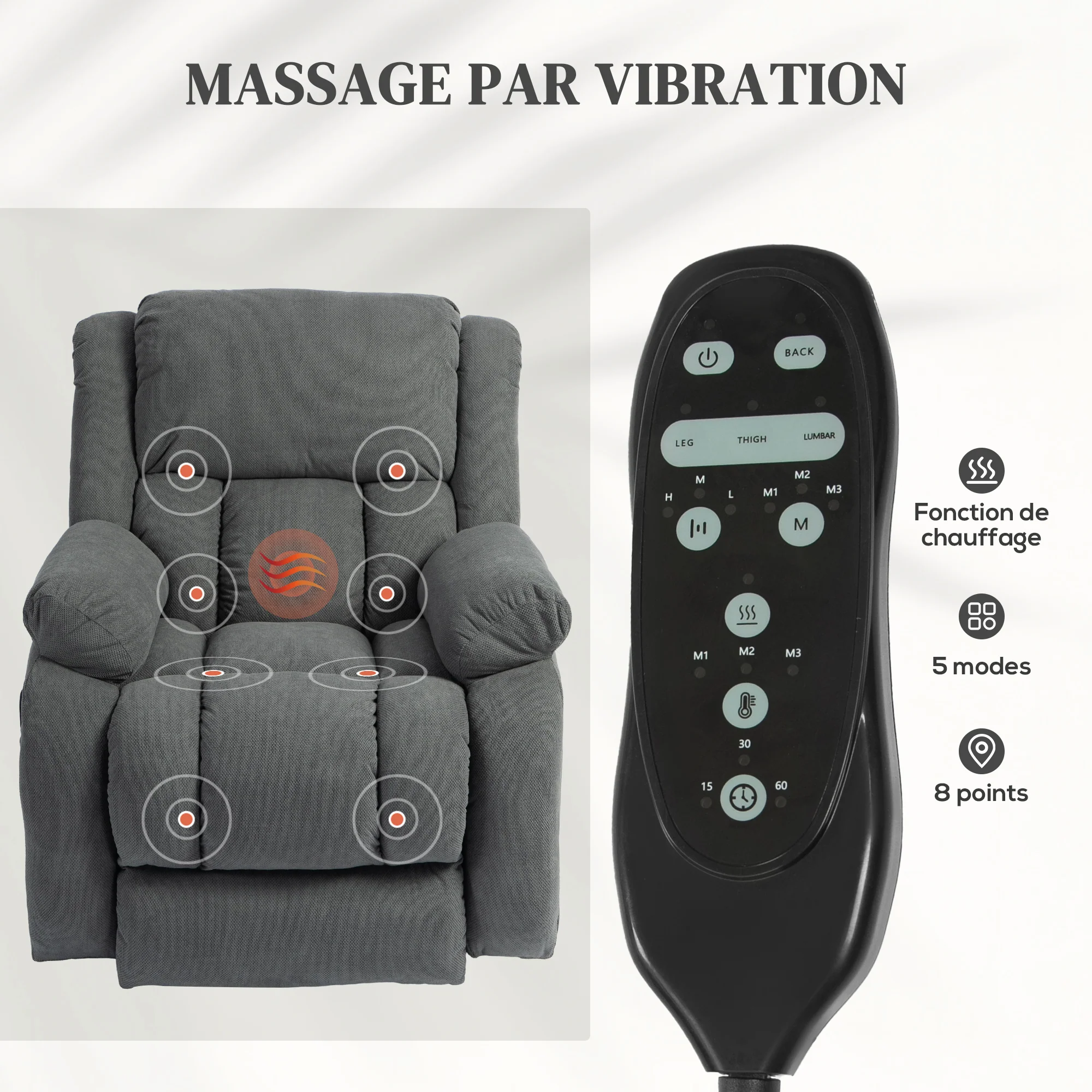 Fauteuil releveur électrique avec fonction massage et chauffage, fauteuil relax électrique avec dossier inclinable, ports USB, télécommande, repose-pied et poche latérale, gris - Image 6