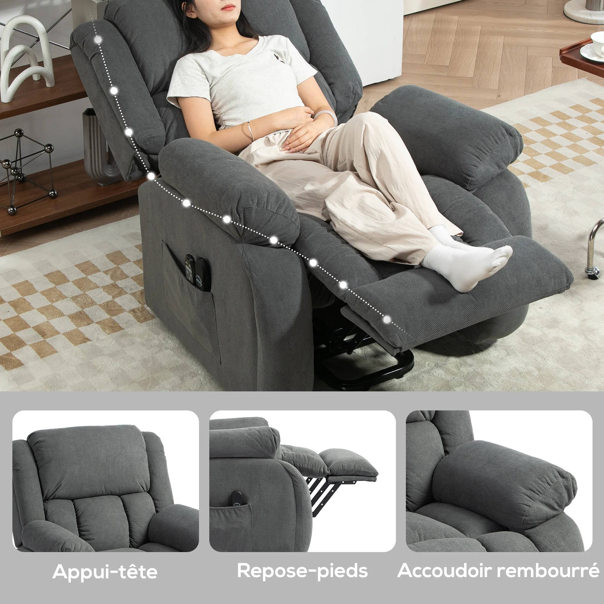Fauteuil releveur électrique avec fonction massage et chauffage, fauteuil relax électrique avec dossier inclinable, ports USB, télécommande, repose-pied et poche latérale, gris - Image 9