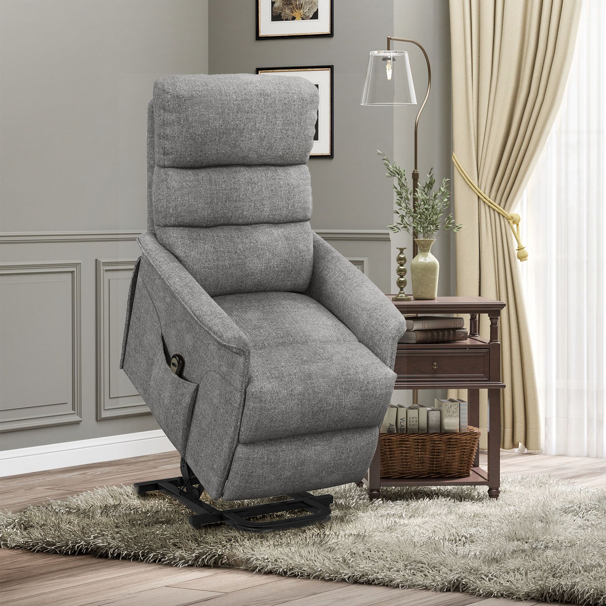 Fauteuil releveur électrique Fauteuil de Relaxation inclinable avec Repose-Pied, télécommande, Pochette, Tissu de Lin, Gris - Image 3
