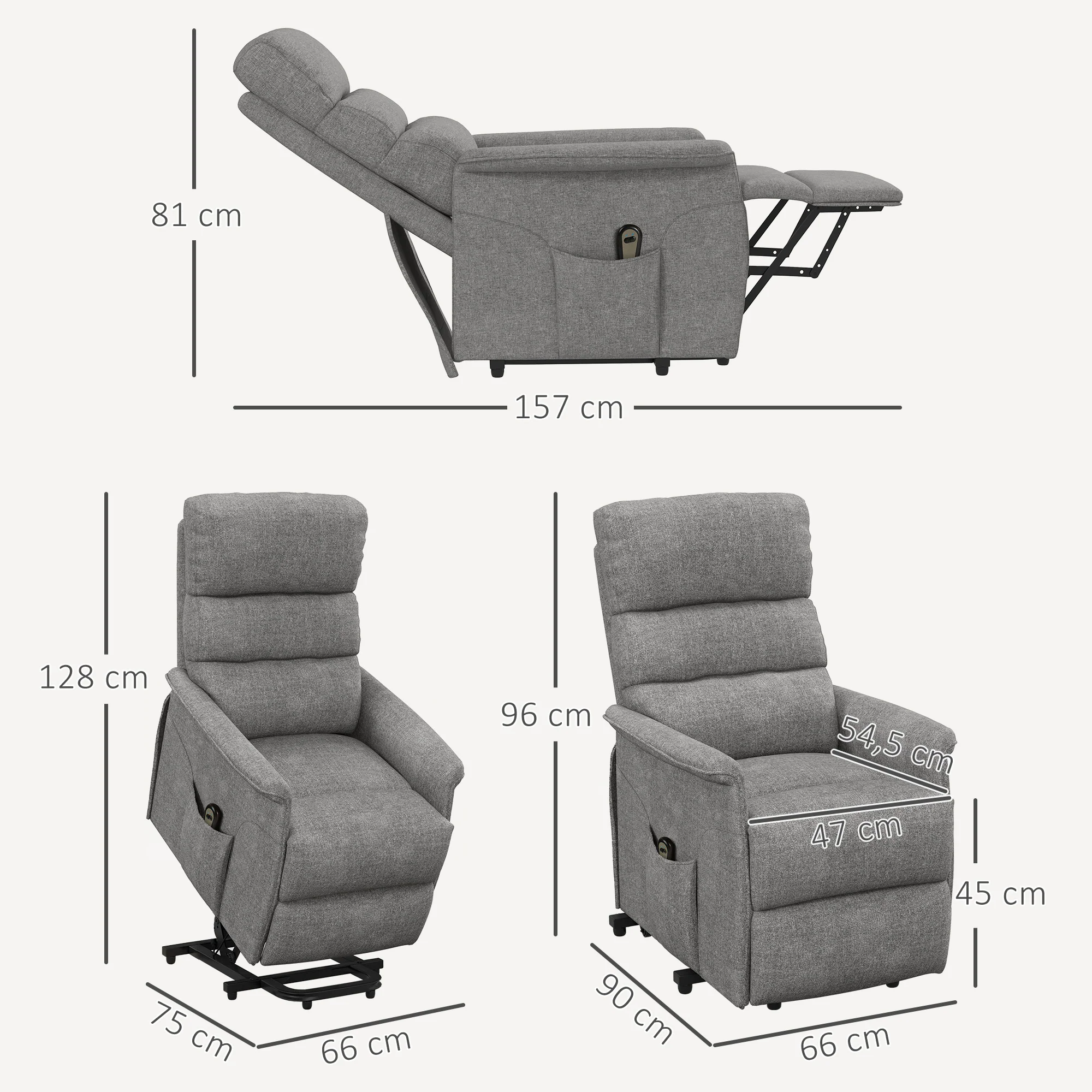 Fauteuil releveur électrique Fauteuil de Relaxation inclinable avec Repose-Pied, télécommande, Pochette, Tissu de Lin, Gris - Image 4