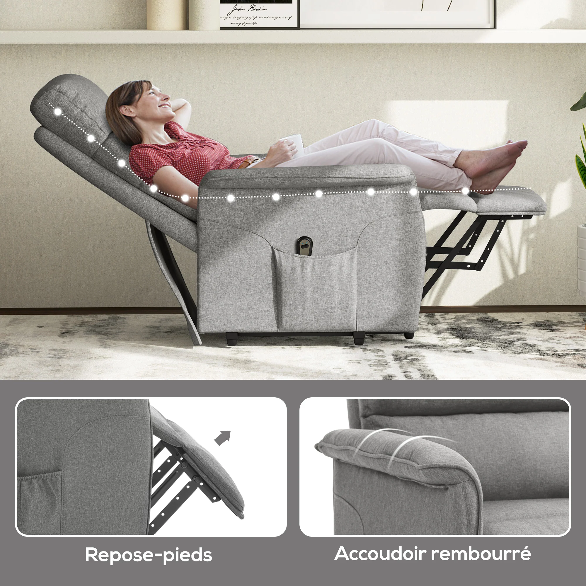 Fauteuil releveur électrique Fauteuil de Relaxation inclinable avec Repose-Pied, télécommande, Pochette, Tissu de Lin, Gris - Image 9