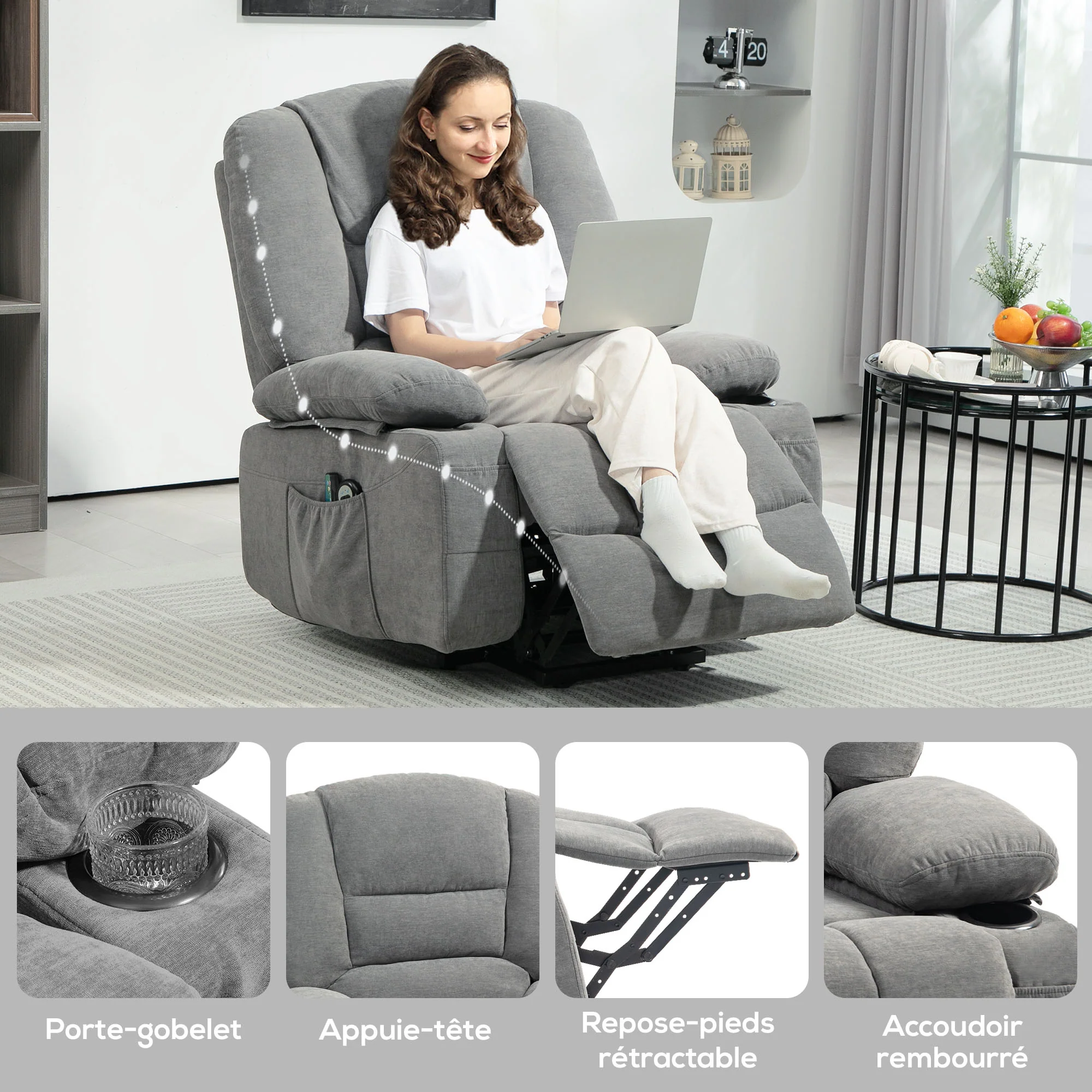 Fauteuil releveur électrique, fauteuil relax électrique, avec fonction massage et chaleur, inclinaison réglable, repose-pied, 2 télécommandes, dim. 97L x 90l x 102H cm gris foncé - Image 10