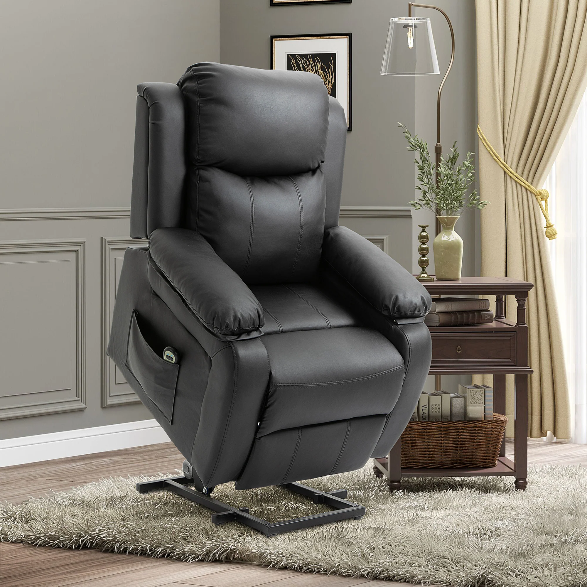 Fauteuil releveur électrique, fauteuil relax électrique avec repose-pied, dossier inclinable, télécommande et poches latérales, revêtement en PU, pour personnes agées, noir - Image 11
