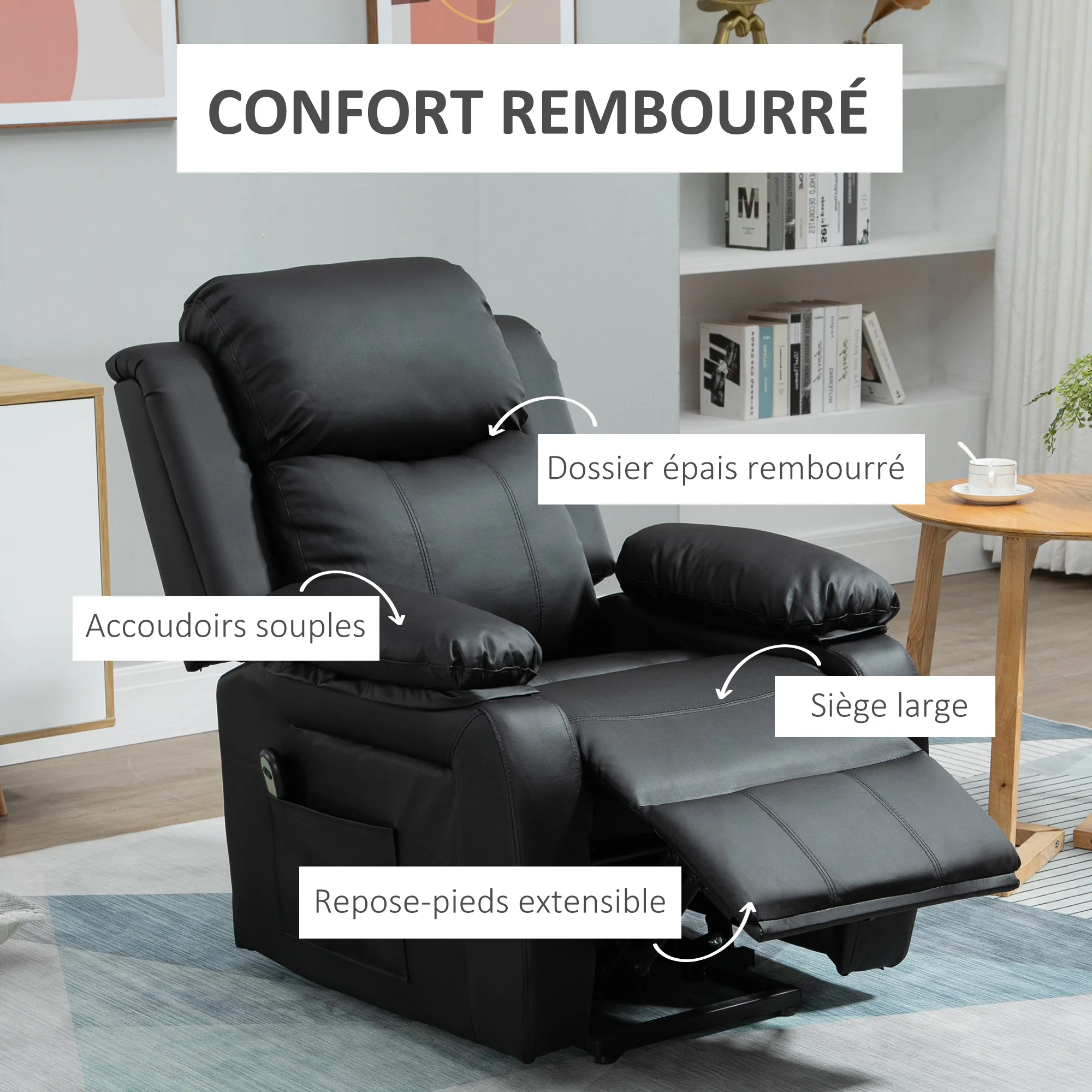 Fauteuil releveur électrique, fauteuil relax électrique avec repose-pied, dossier inclinable, télécommande et poches latérales, revêtement en PU, pour personnes agées, noir - Image 8