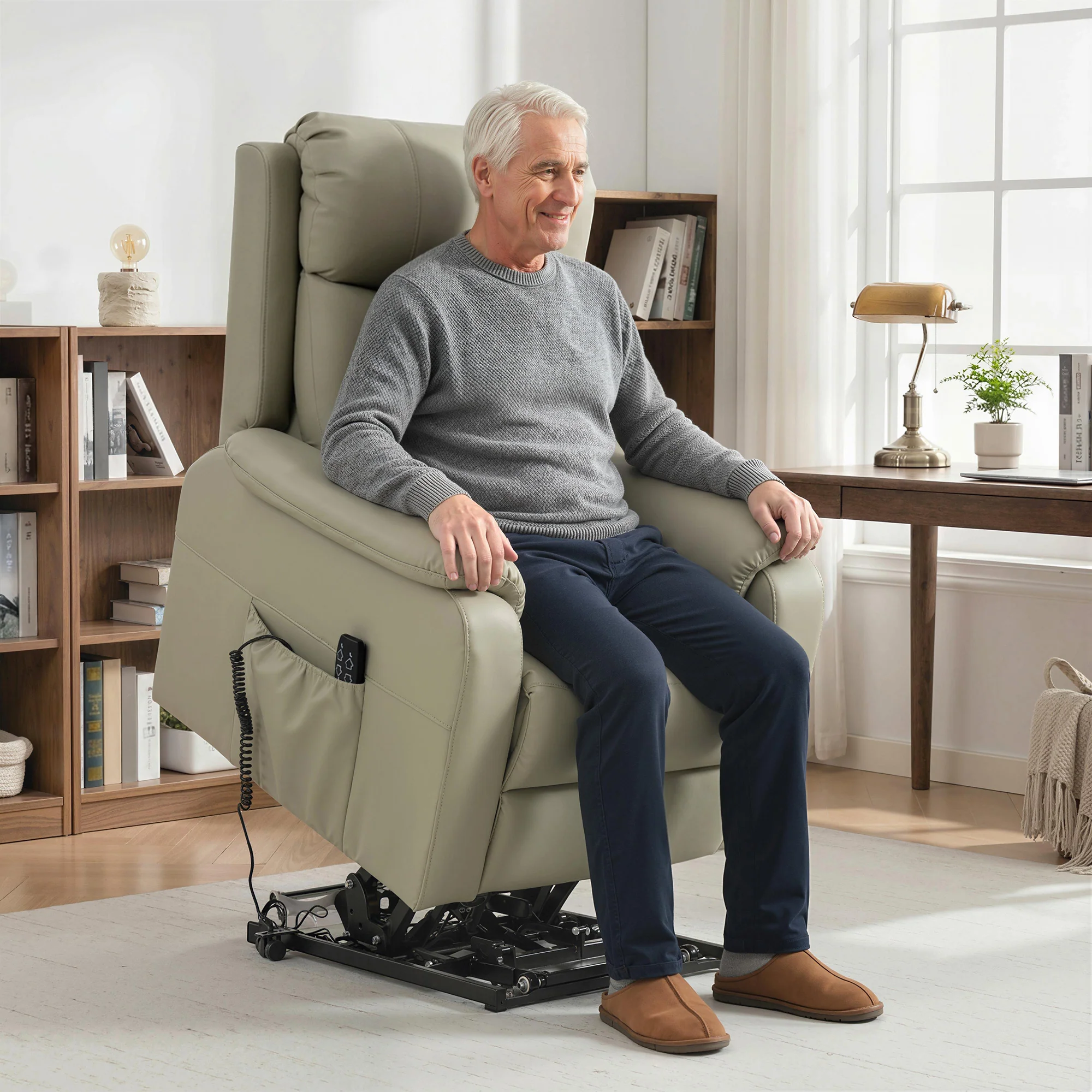 Fauteuil releveur électrique, fauteuil relax électrique, double moteur, dossier inclinable, coussin à ressorts, larges accoudoirs, repose-pied, roulettes, télécommande, poches latérales, crème - Image 3