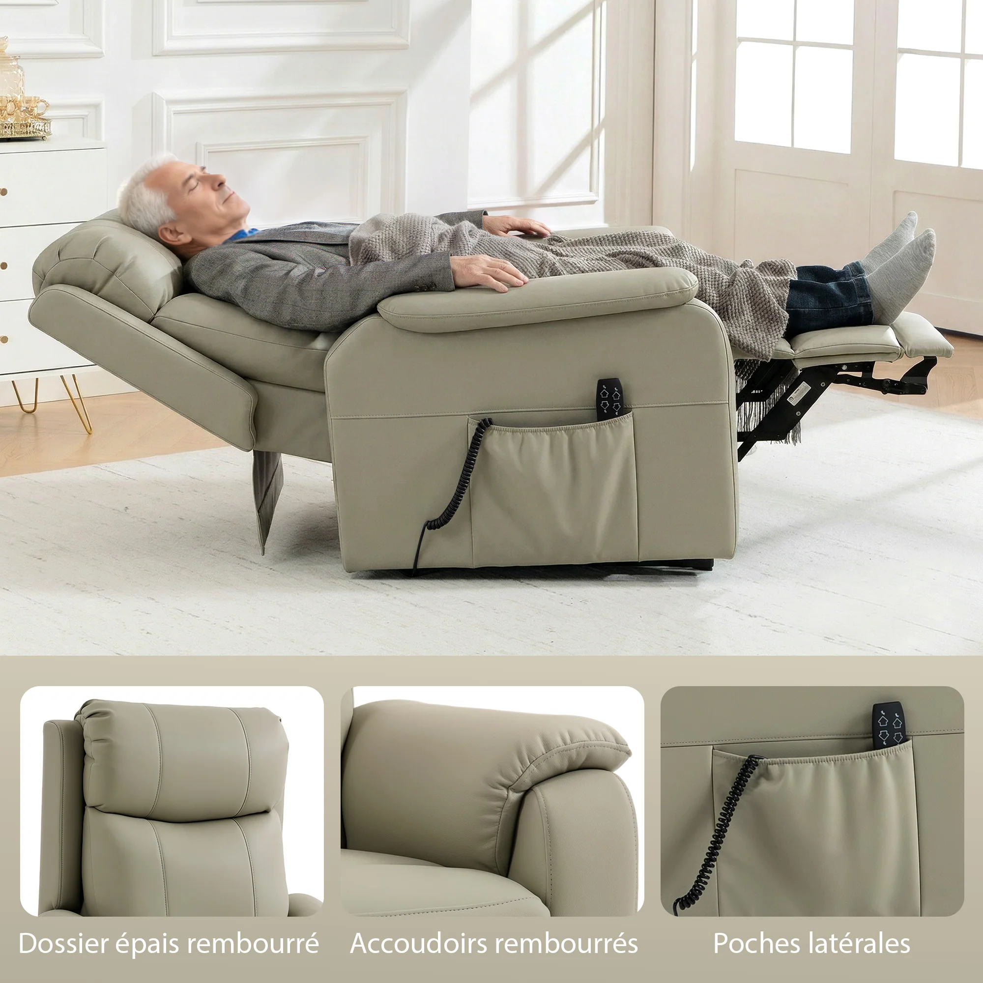 Fauteuil releveur électrique, fauteuil relax électrique, double moteur, dossier inclinable, coussin à ressorts, larges accoudoirs, repose-pied, roulettes, télécommande, poches latérales, crème - Image 6