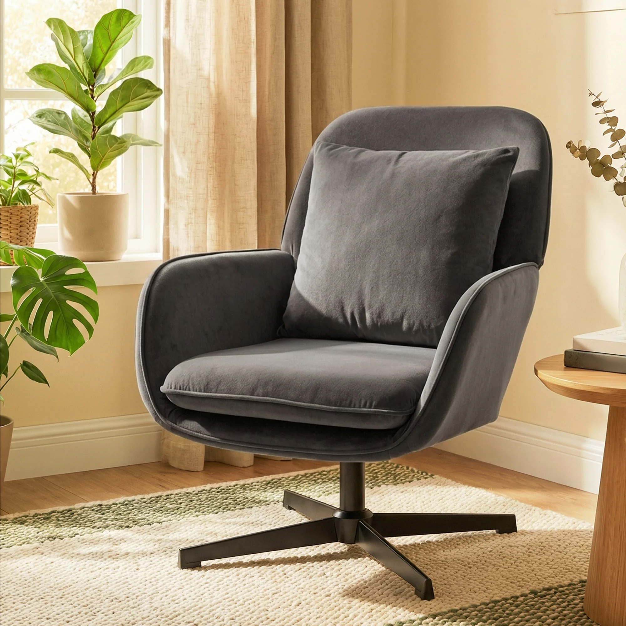 Fauteuil salon pivotant, fauteuil d'appoint rembourré en velours avec large assise, coussin et structure en métal, chaise de salon, chambre, coins lecture, gris foncé - Image 11