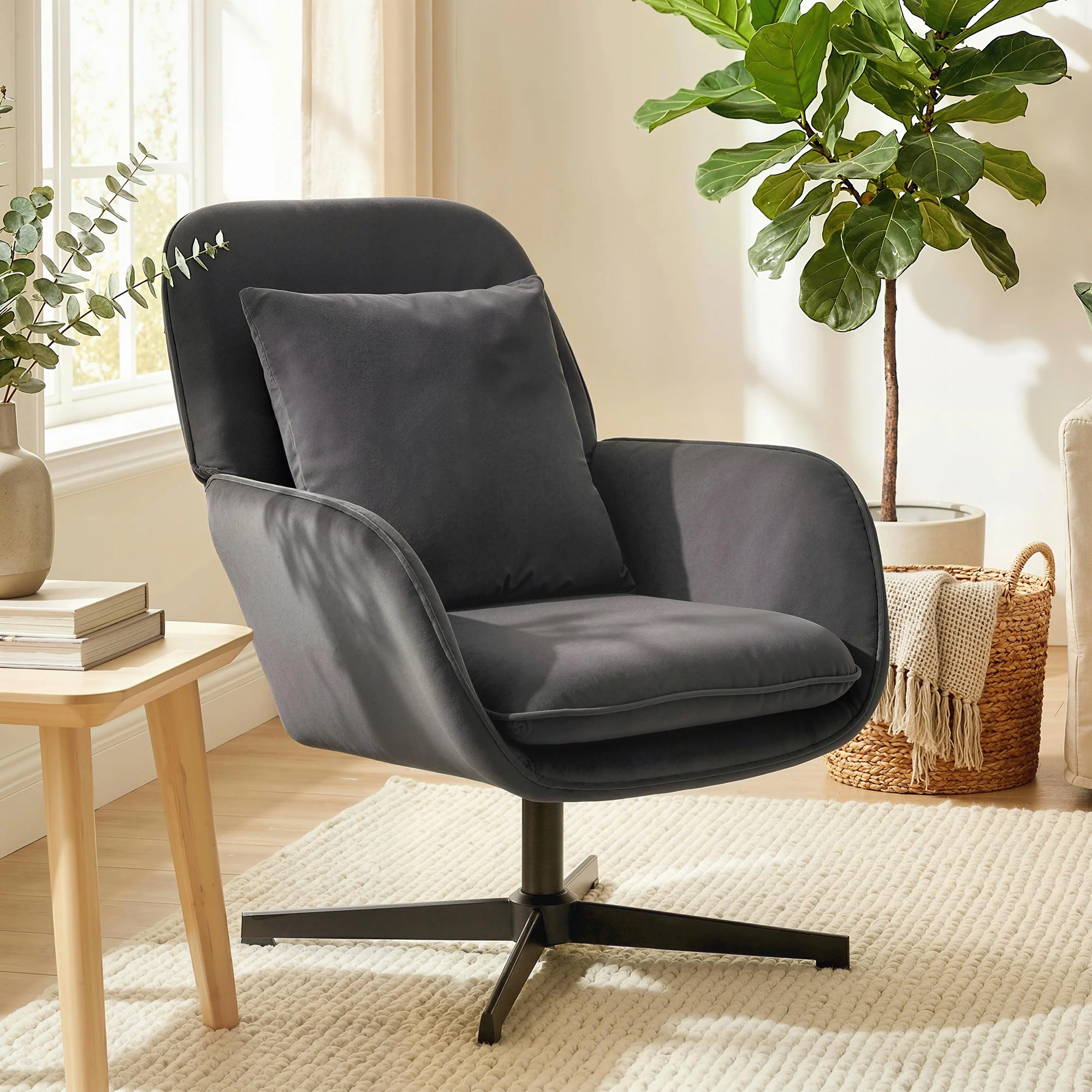 Fauteuil salon pivotant, fauteuil d'appoint rembourré en velours avec large assise, coussin et structure en métal, chaise de salon, chambre, coins lecture, gris foncé - Image 3
