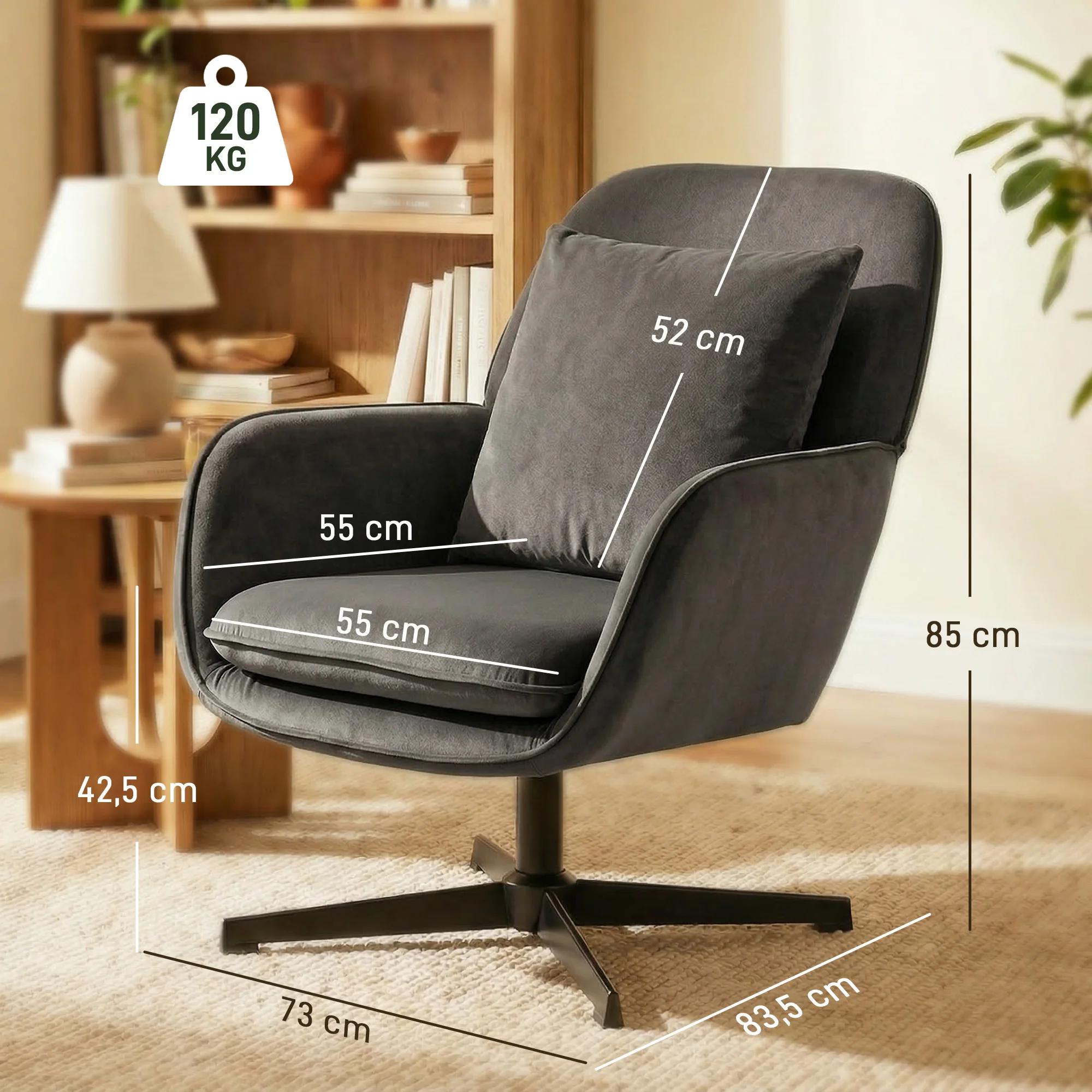 Fauteuil salon pivotant, fauteuil d'appoint rembourré en velours avec large assise, coussin et structure en métal, chaise de salon, chambre, coins lecture, gris foncé - Image 4