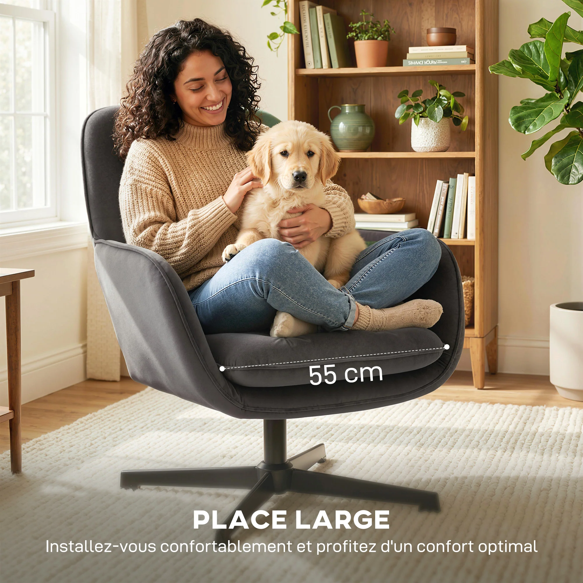 Fauteuil salon pivotant, fauteuil d'appoint rembourré en velours avec large assise, coussin et structure en métal, chaise de salon, chambre, coins lecture, gris foncé - Image 5