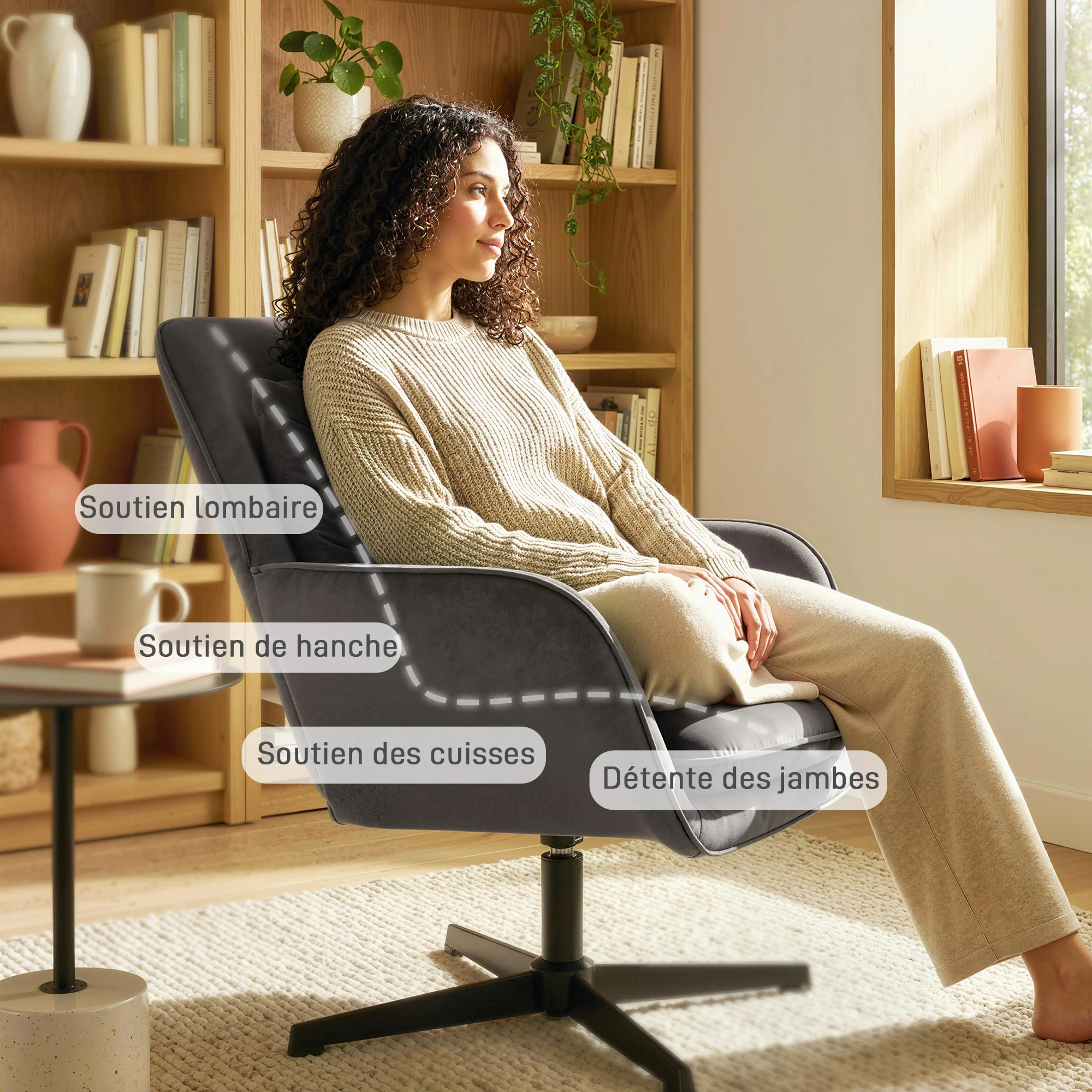 Fauteuil salon pivotant, fauteuil d'appoint rembourré en velours avec large assise, coussin et structure en métal, chaise de salon, chambre, coins lecture, gris foncé - Image 7