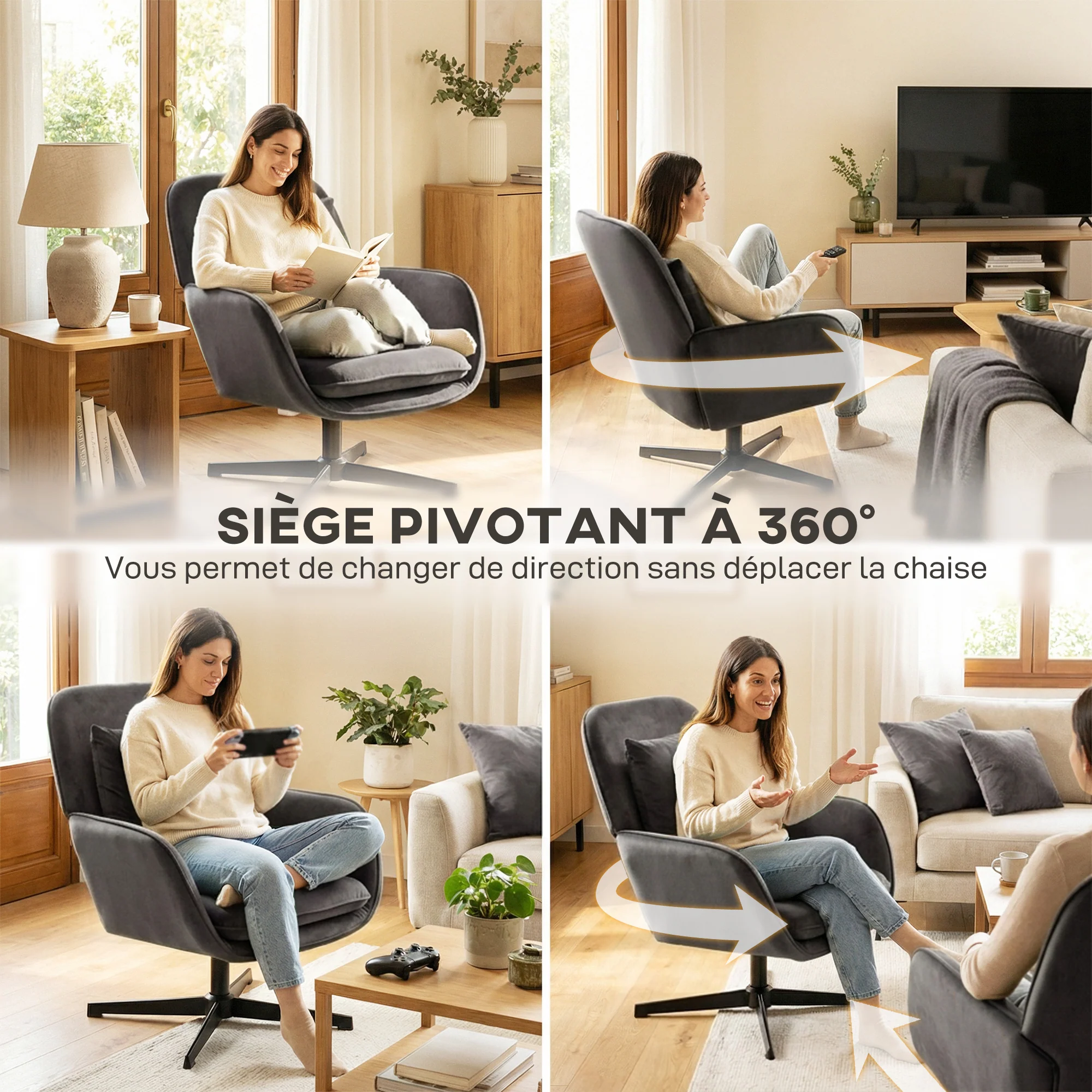 Fauteuil salon pivotant, fauteuil d'appoint rembourré en velours avec large assise, coussin et structure en métal, chaise de salon, chambre, coins lecture, gris foncé - Image 8