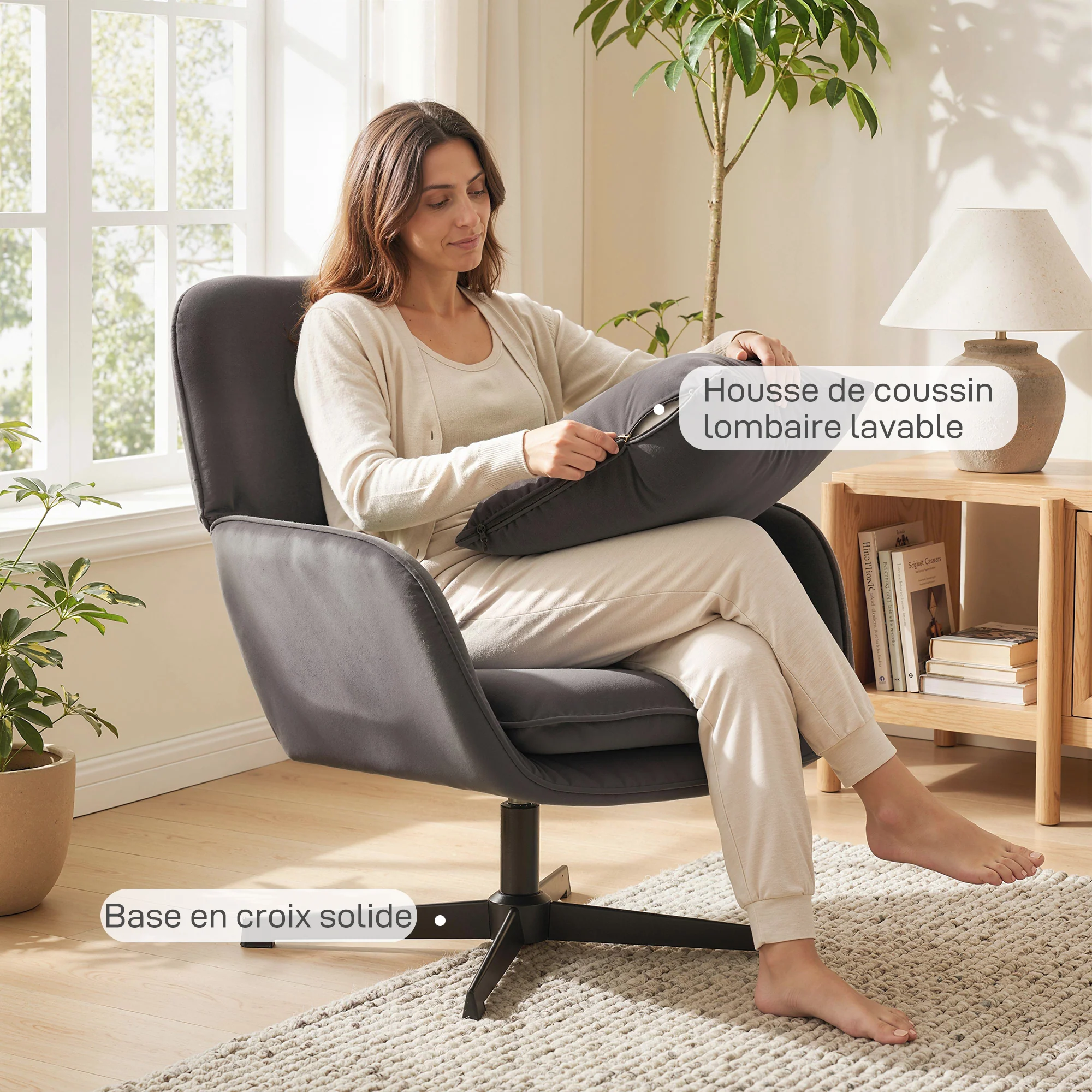 Fauteuil salon pivotant, fauteuil d'appoint rembourré en velours avec large assise, coussin et structure en métal, chaise de salon, chambre, coins lecture, gris foncé - Image 9