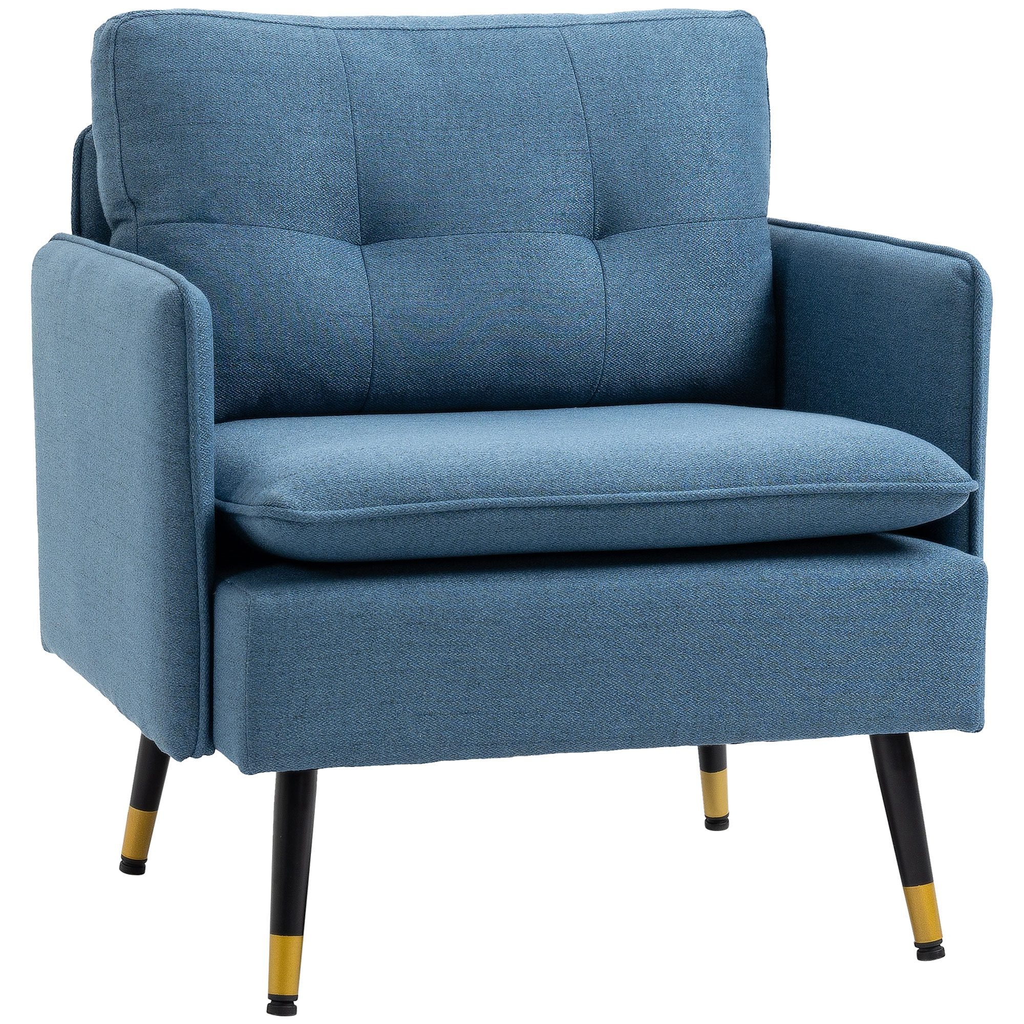Fauteuil scandinave dossier capitonné avec passepoil en tissu 76 x 68 x 80 cm - bleu et pieds en métal noir et doré - Image 11