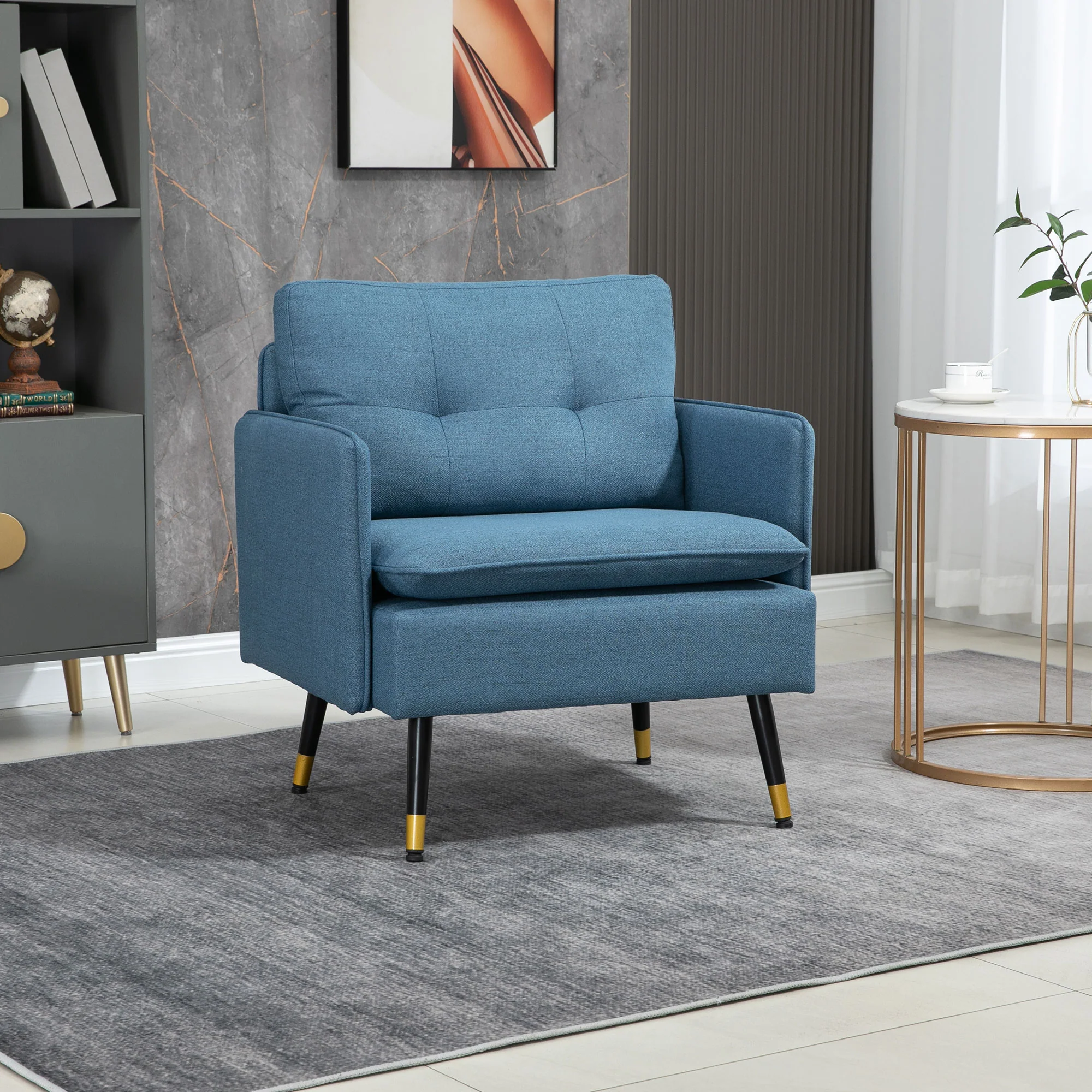 Fauteuil scandinave dossier capitonné avec passepoil en tissu 76 x 68 x 80 cm - bleu et pieds en métal noir et doré - Image 3