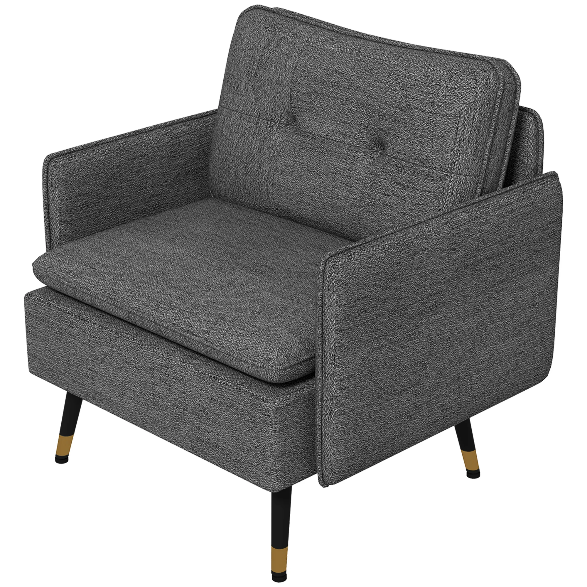 Fauteuil scandinave dossier capitonné avec passepoil en tissu 76 x 68 x 80 cm - gris et pieds en métal noir et doré