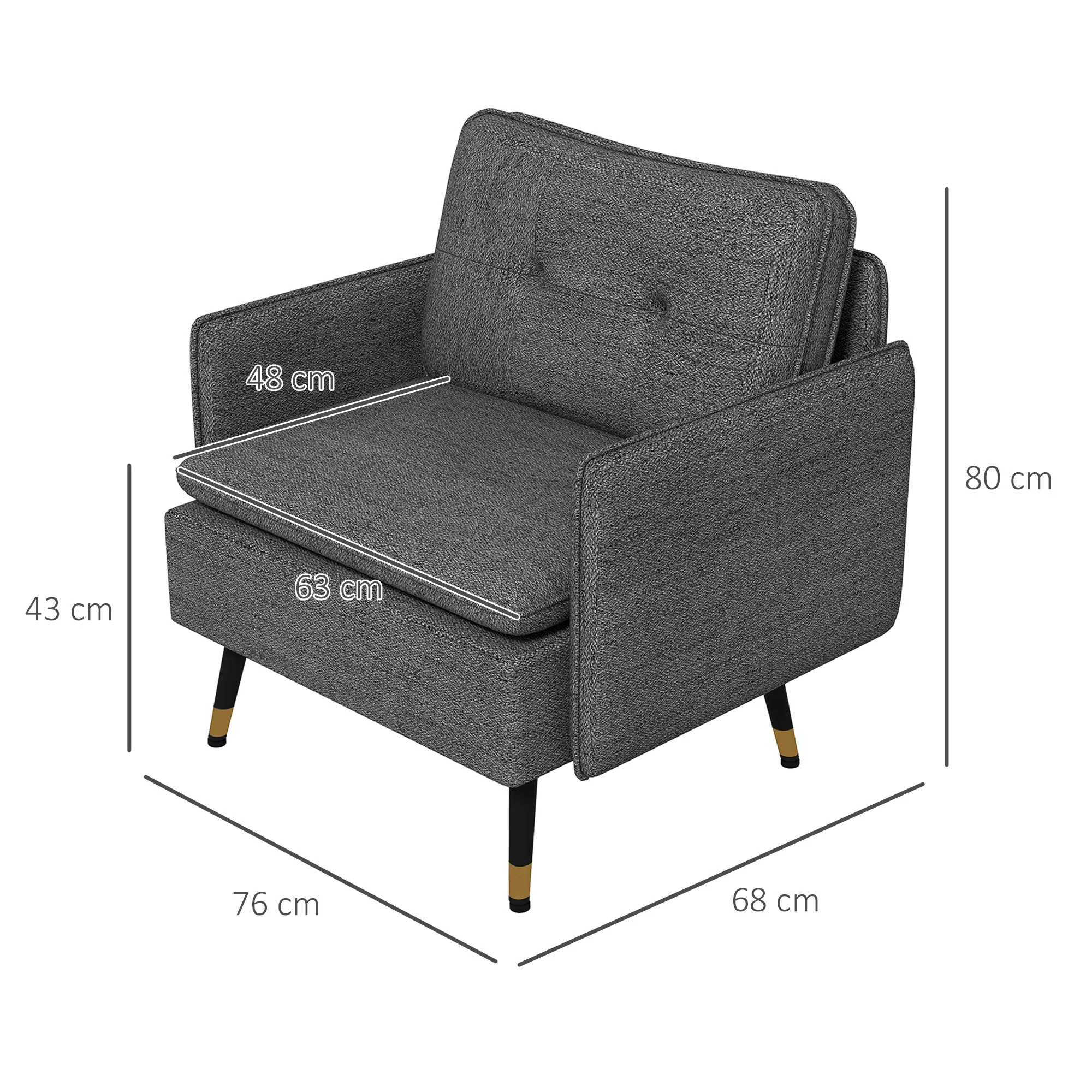 Fauteuil scandinave dossier capitonné avec passepoil en tissu 76 x 68 x 80 cm - gris et pieds en métal noir et doré - Image 4