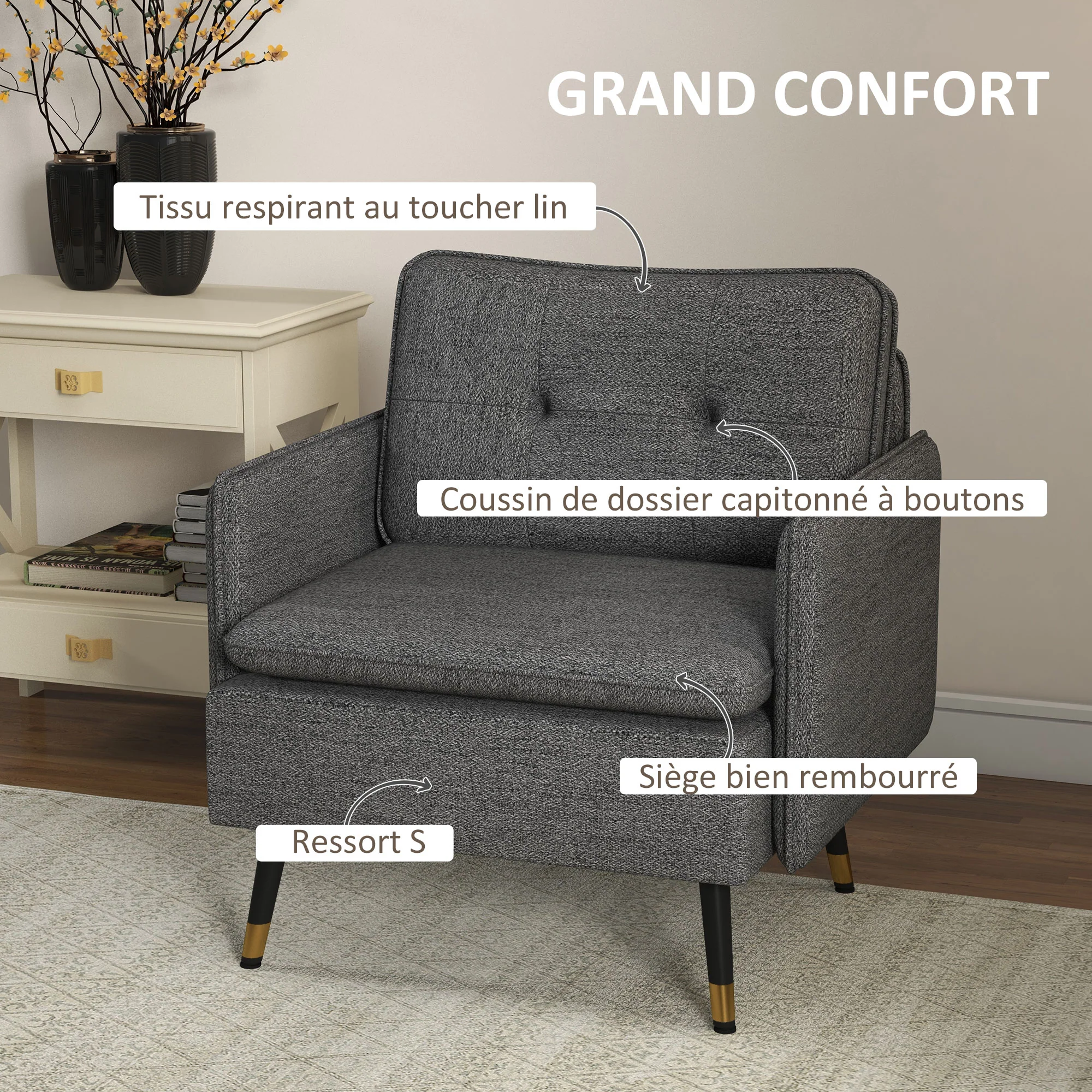 Fauteuil scandinave dossier capitonné avec passepoil en tissu 76 x 68 x 80 cm - gris et pieds en métal noir et doré - Image 5