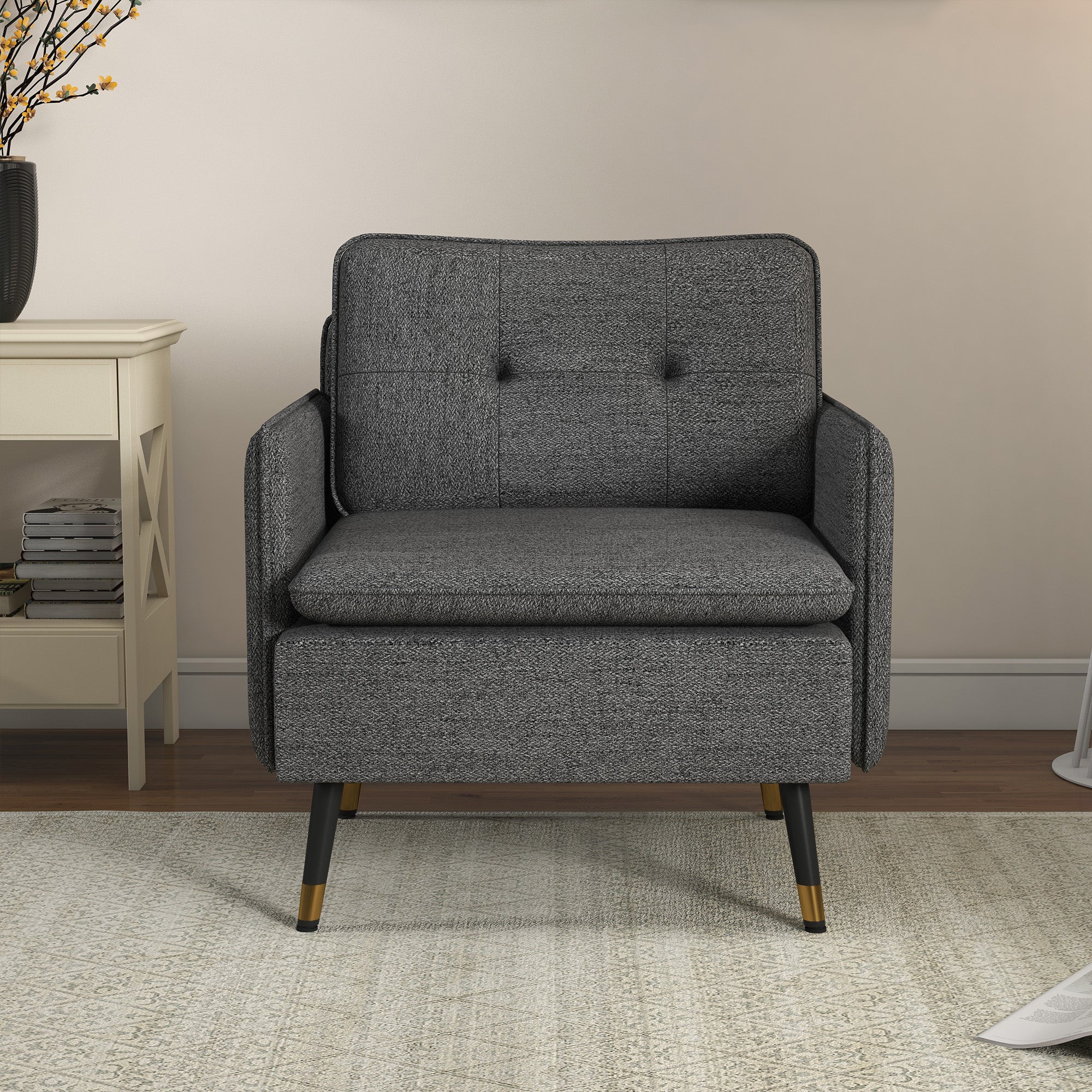 Fauteuil scandinave dossier capitonné avec passepoil en tissu 76 x 68 x 80 cm - gris et pieds en métal noir et doré - Image 7