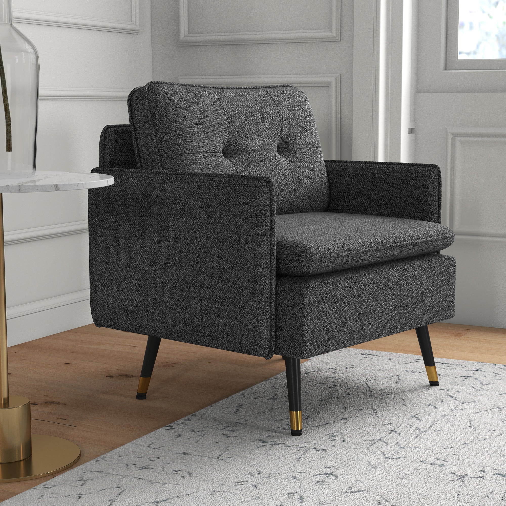 Fauteuil scandinave dossier capitonné avec passepoil en tissu 76 x 68 x 80 cm - gris et pieds en métal noir et doré - Image 8