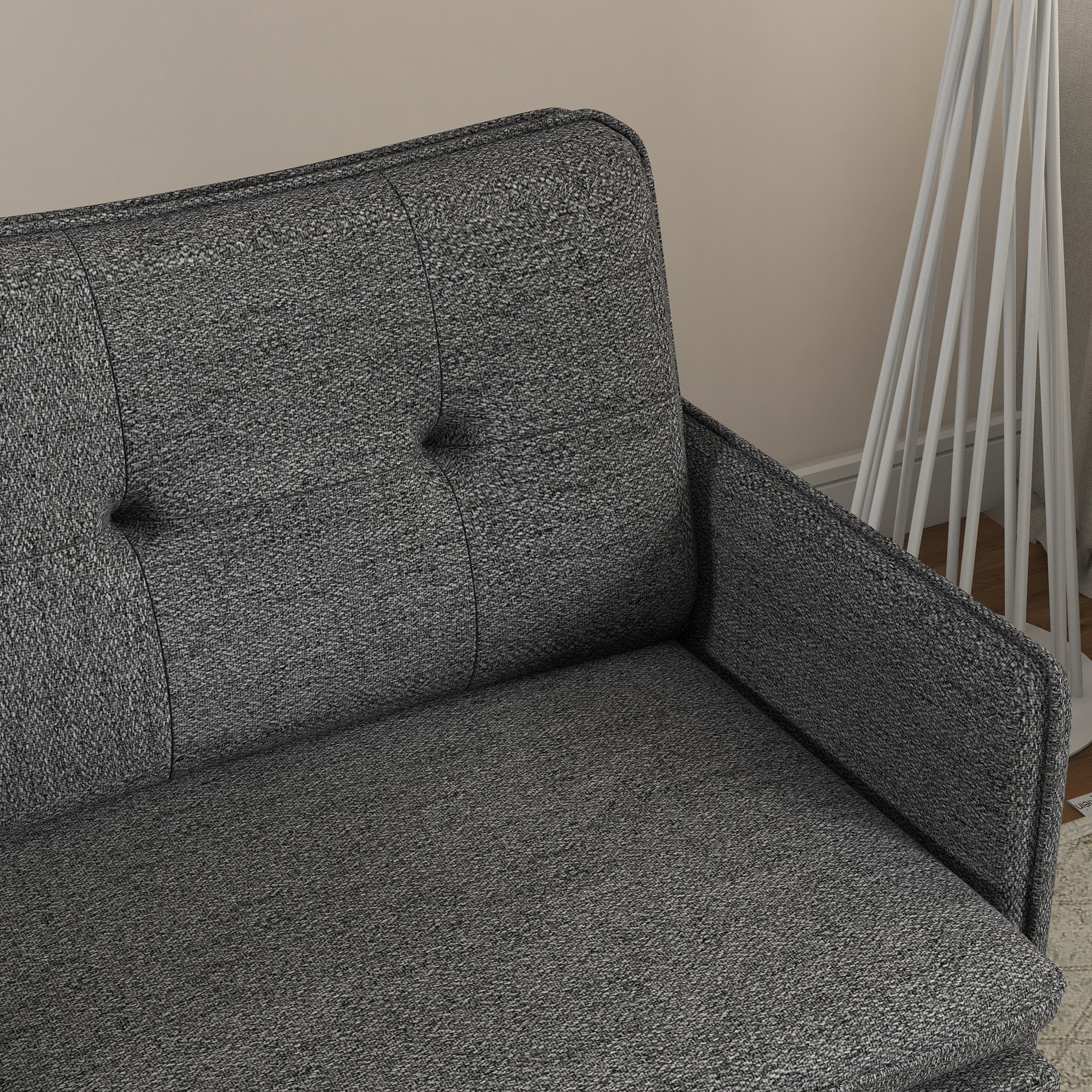 Fauteuil scandinave dossier capitonné avec passepoil en tissu 76 x 68 x 80 cm - gris et pieds en métal noir et doré - Image 9