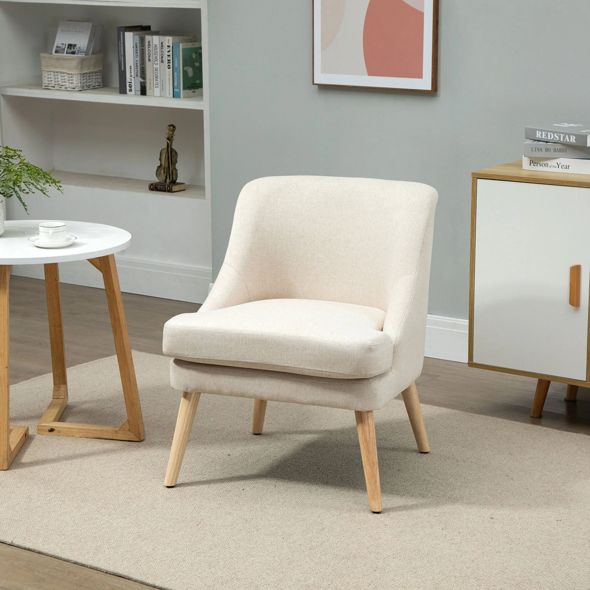 Fauteuil Scandinave Fauteuil salon confortable Fauteuil pour chambre Pieds en Bois Massif revêtement Tissu Lin beige - Image 3