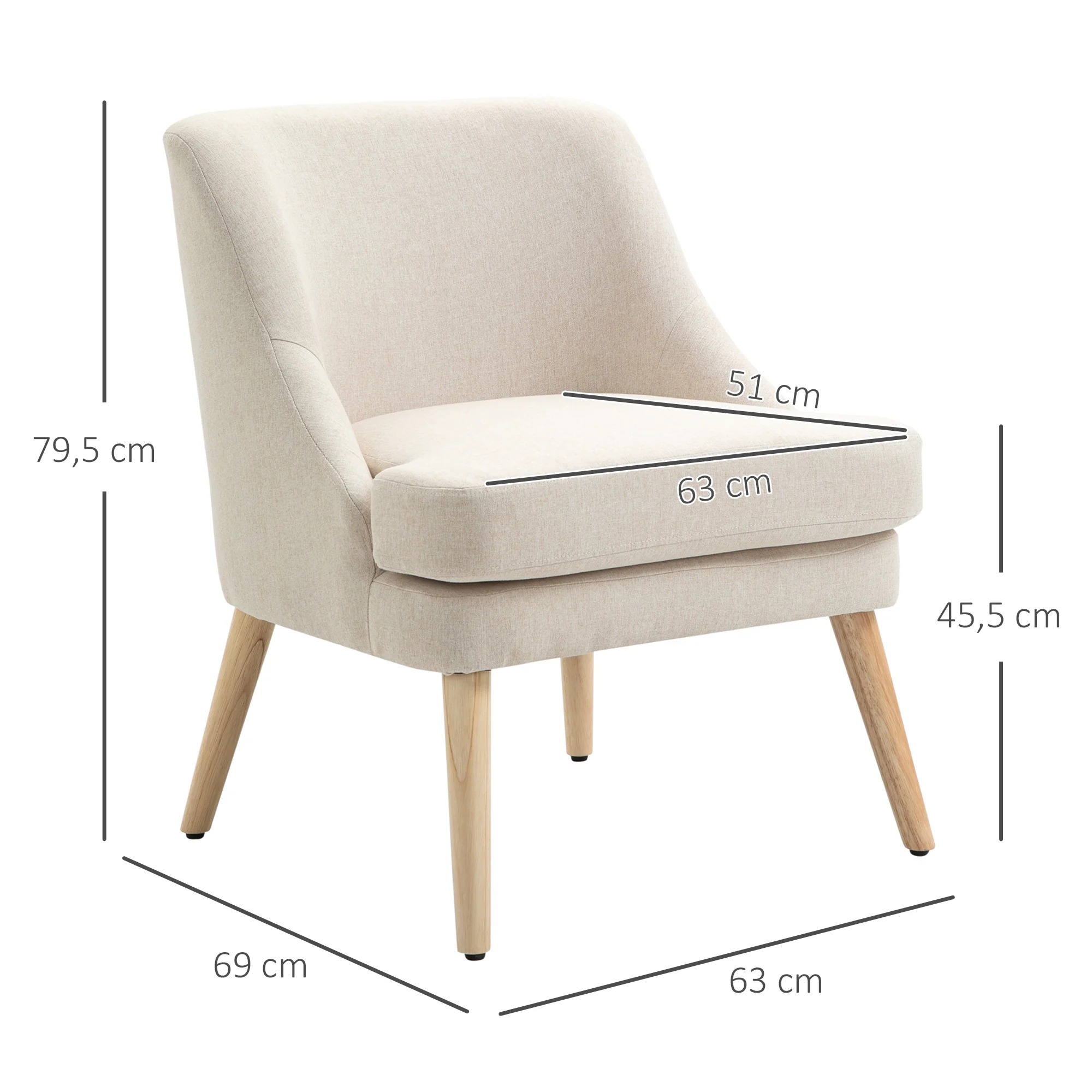 Fauteuil Scandinave Fauteuil salon confortable Fauteuil pour chambre Pieds en Bois Massif revêtement Tissu Lin beige - Image 4