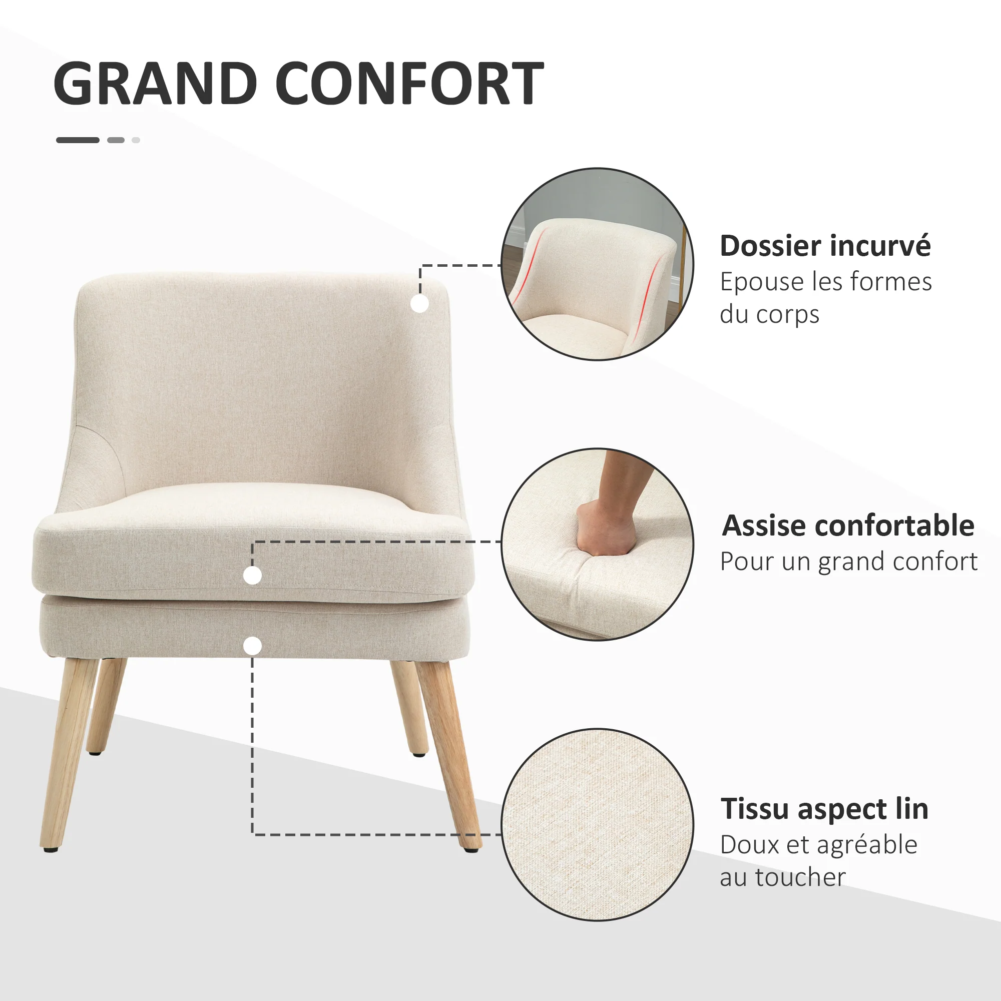 Fauteuil Scandinave Fauteuil salon confortable Fauteuil pour chambre Pieds en Bois Massif revêtement Tissu Lin beige - Image 5