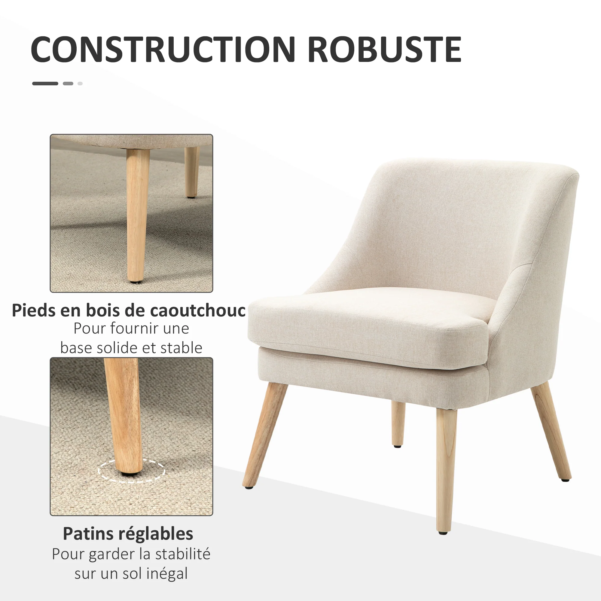 Fauteuil Scandinave Fauteuil salon confortable Fauteuil pour chambre Pieds en Bois Massif revêtement Tissu Lin beige - Image 6