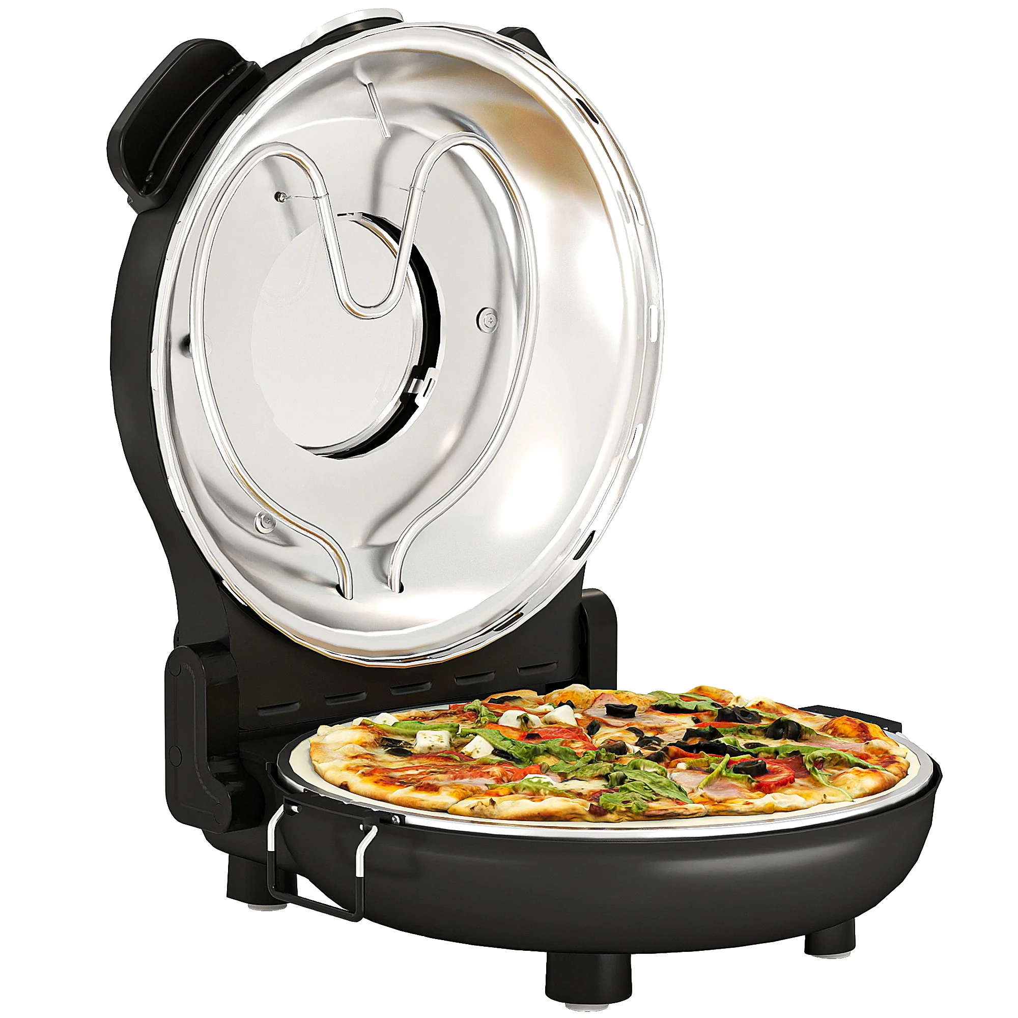 Four à pizza électrique 1200 W jusqu'à 430°C, plaque en pierre réfractaire 30 cm, minuterie, température réglable, protection contre surchauffe et fenêtre de visualisation, pelles inclus, noir - Image 11
