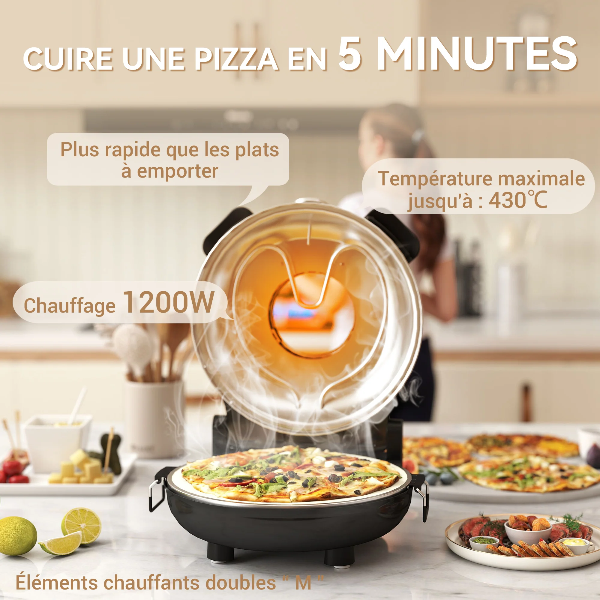 Four à pizza électrique 1200 W jusqu'à 430°C, plaque en pierre réfractaire 30 cm, minuterie, température réglable, protection contre surchauffe et fenêtre de visualisation, pelles inclus, noir - Image 5