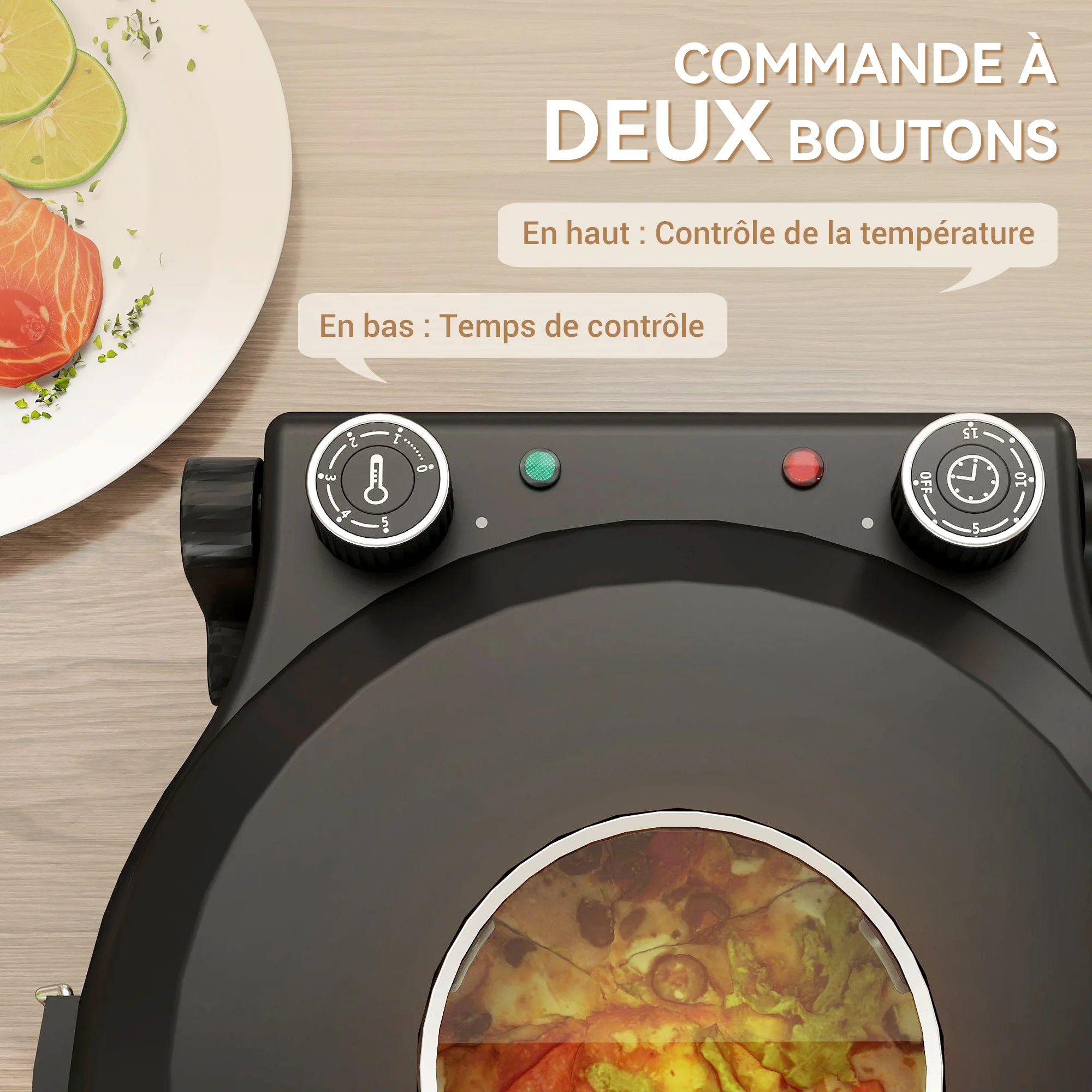 Four à pizza électrique 1200 W jusqu'à 430°C, plaque en pierre réfractaire 30 cm, minuterie, température réglable, protection contre surchauffe et fenêtre de visualisation, pelles inclus, noir - Image 6